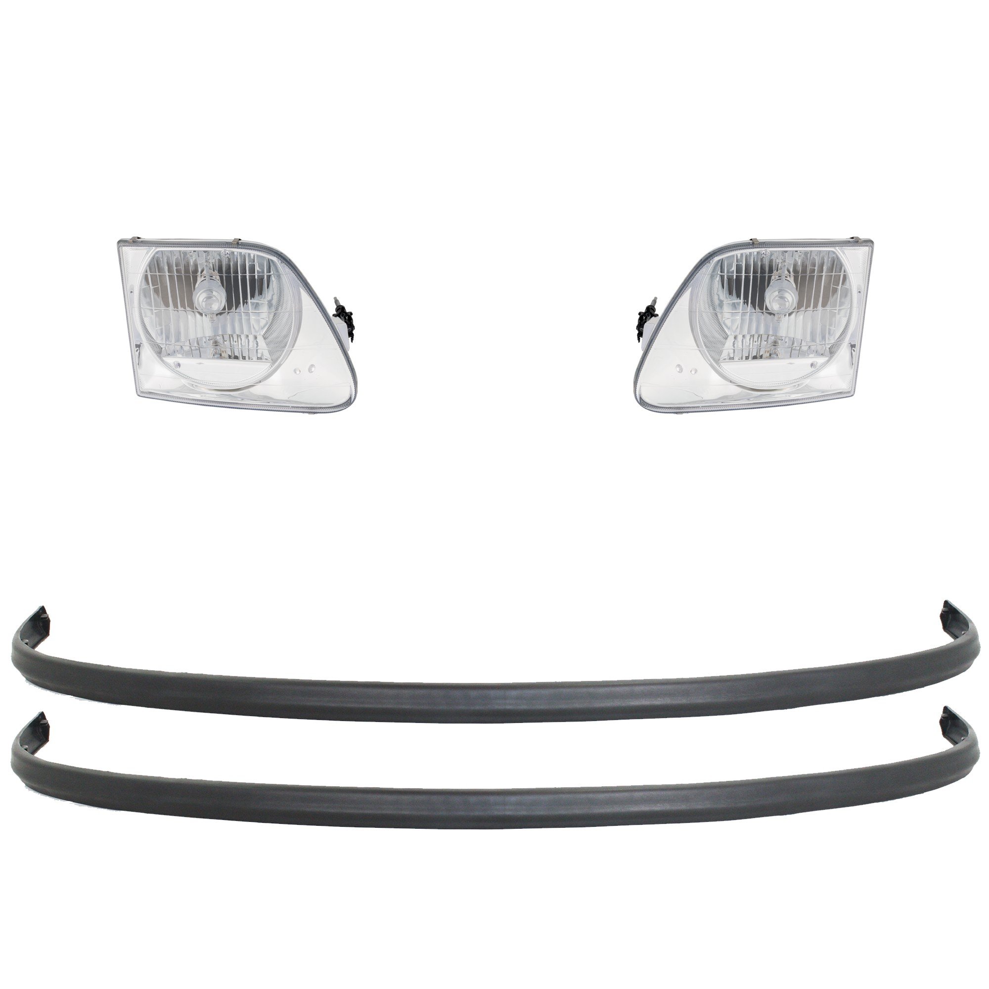 Headlight Assembly for Ford F-Series 1998-1998, Right (Passenger) and Left (Driver), 4-Piece Kit, Halogen, Crystal Clear Lens, with Bumper Trim Replacement - Fits F-150, F-250, F-350.