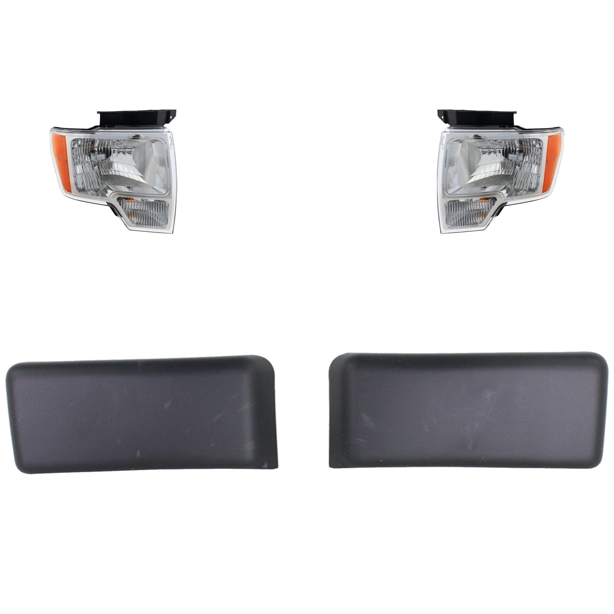 Headlight Assembly Kit for Ford F-150 2009-2014, Right (Passenger) and Left (Driver), 4-Piece, Halogen, With Chrome and Bumper Trim, Replacement
