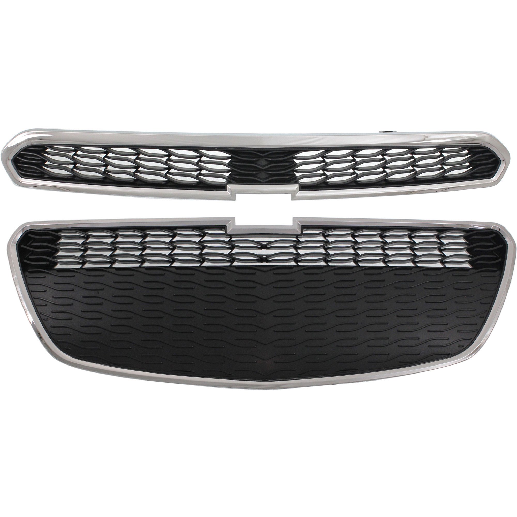 Front Bumper Grille for Chevrolet Spark 2013-2015, 2-Piece Kit, Chrome Shell with Black Insert, Plastic, for LS/LT Models, Replacement