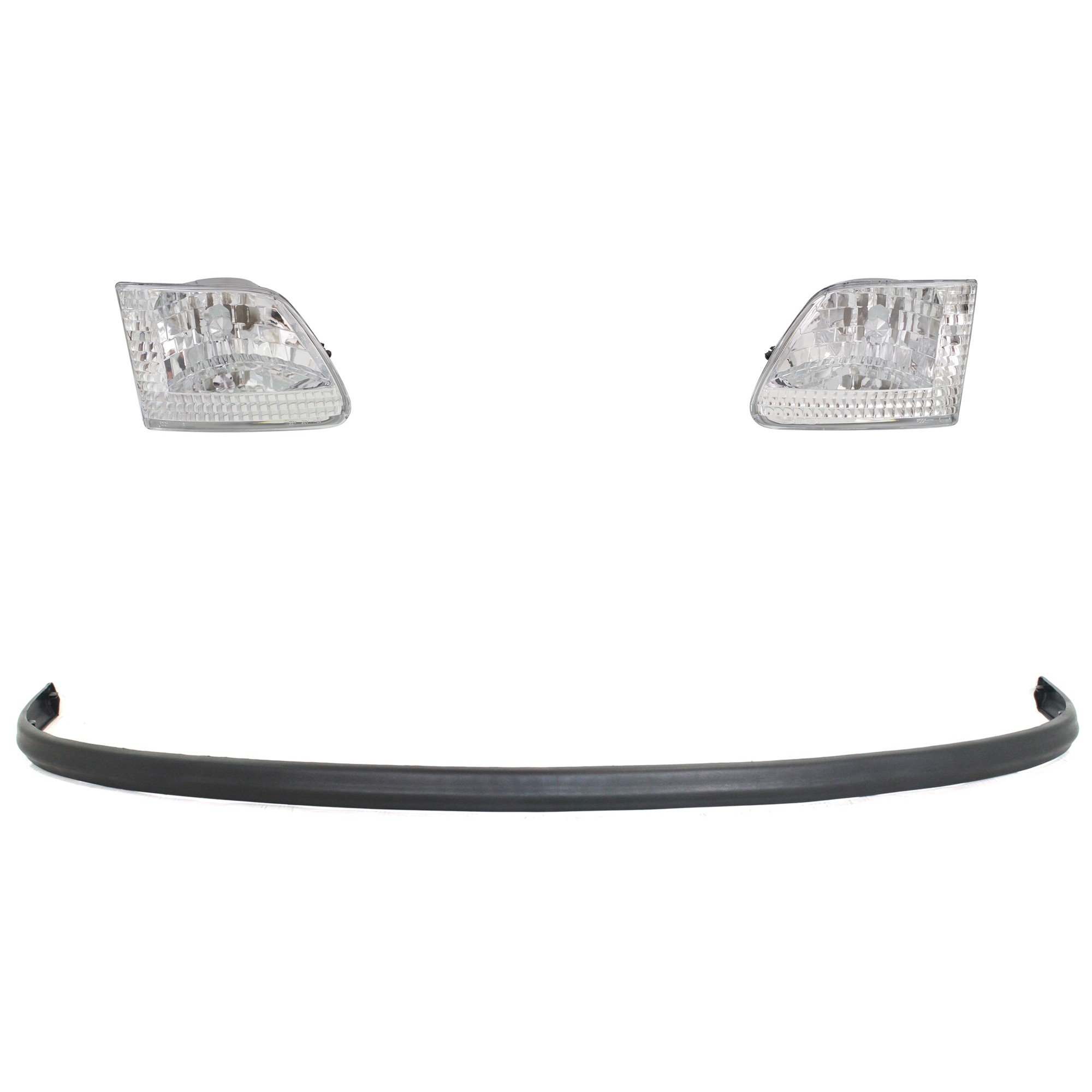 Headlight Kit for Ford F-150/F-250 1997-1998, Right (Passenger) and Left (Driver), 4-Piece Set, Lens and Housing, Halogen, with Day Time Running Light, Black Bezel, with Bumper Trim Replacement