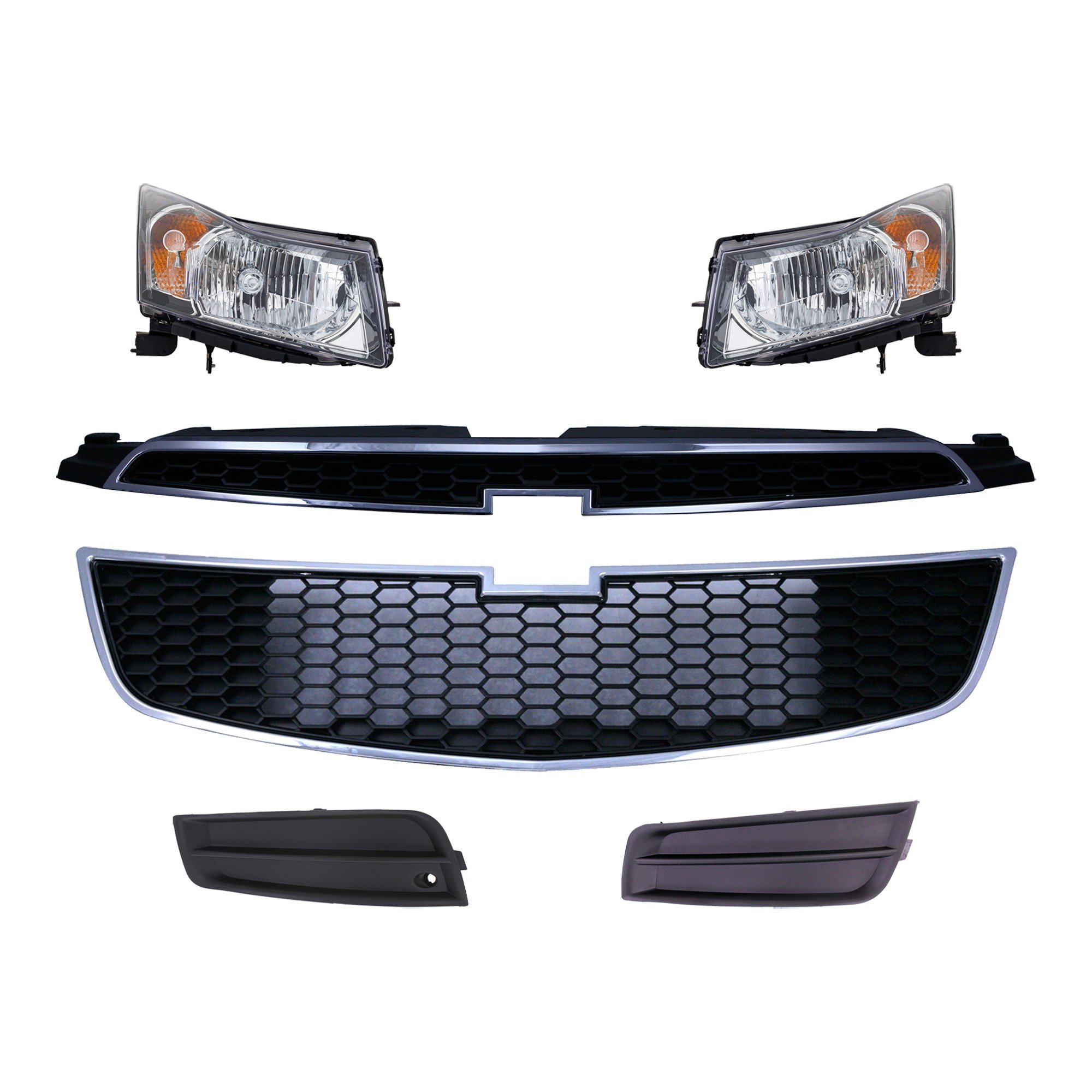 Headlight Assembly Kit for 2011-2012 Chevrolet Cruze, Right (Passenger) and Left (Driver), 6-Piece kit, Halogen, with Bumper Grille, Fog Light Cover and Grille Assembly Replacement