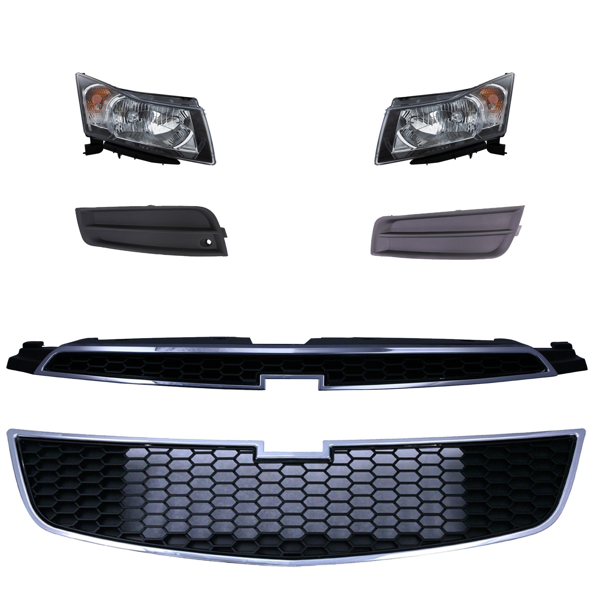 Headlight Assembly for Chevrolet Cruze 2012-2014, Right (Passenger) and Left (Driver), 6-Piece Kit, Halogen, with Bumper Grille, Fog Light Cover and Grille Assembly Replacement