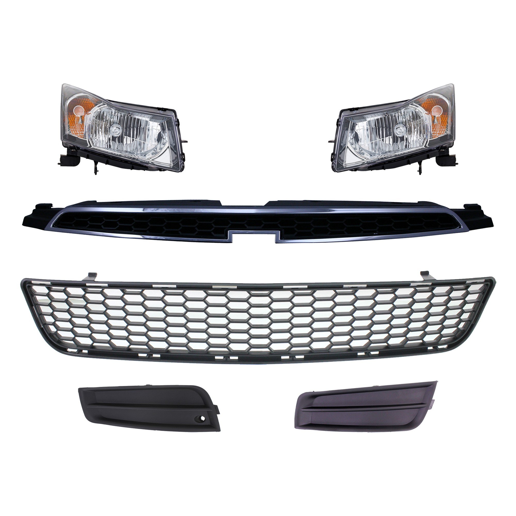 Headlight Assembly Kit for 2011-2012 Chevrolet Cruze, Right (Passenger) and Left (Driver), 6-Piece Set, with Bumper Grille, Fog Light Cover and Grille Assembly, Halogen, Replacement
