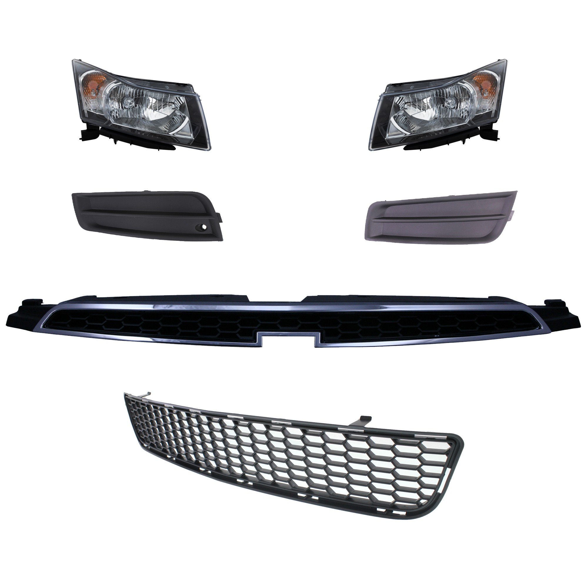 Headlight Assembly for 2012-2014 Chevrolet Cruze, Right (Passenger) and Left (Driver), 6-Piece kit with Bumper Grille, Halogen, Fog Light Cover and Grille Assembly Replacement