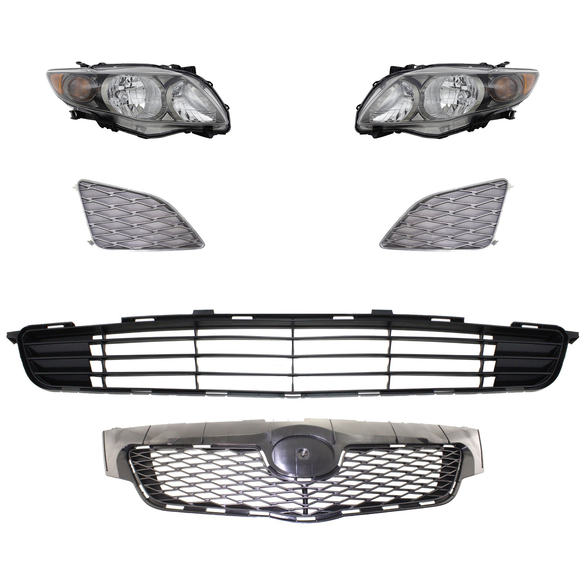 Headlight Assembly Kit for 2009-2010 Toyota Corolla, Right (Passenger) and Left (Driver), 6-Piece Set, Halogen, Includes Bumper Grille, Fog Light Cover and Grille Assembly Replacement