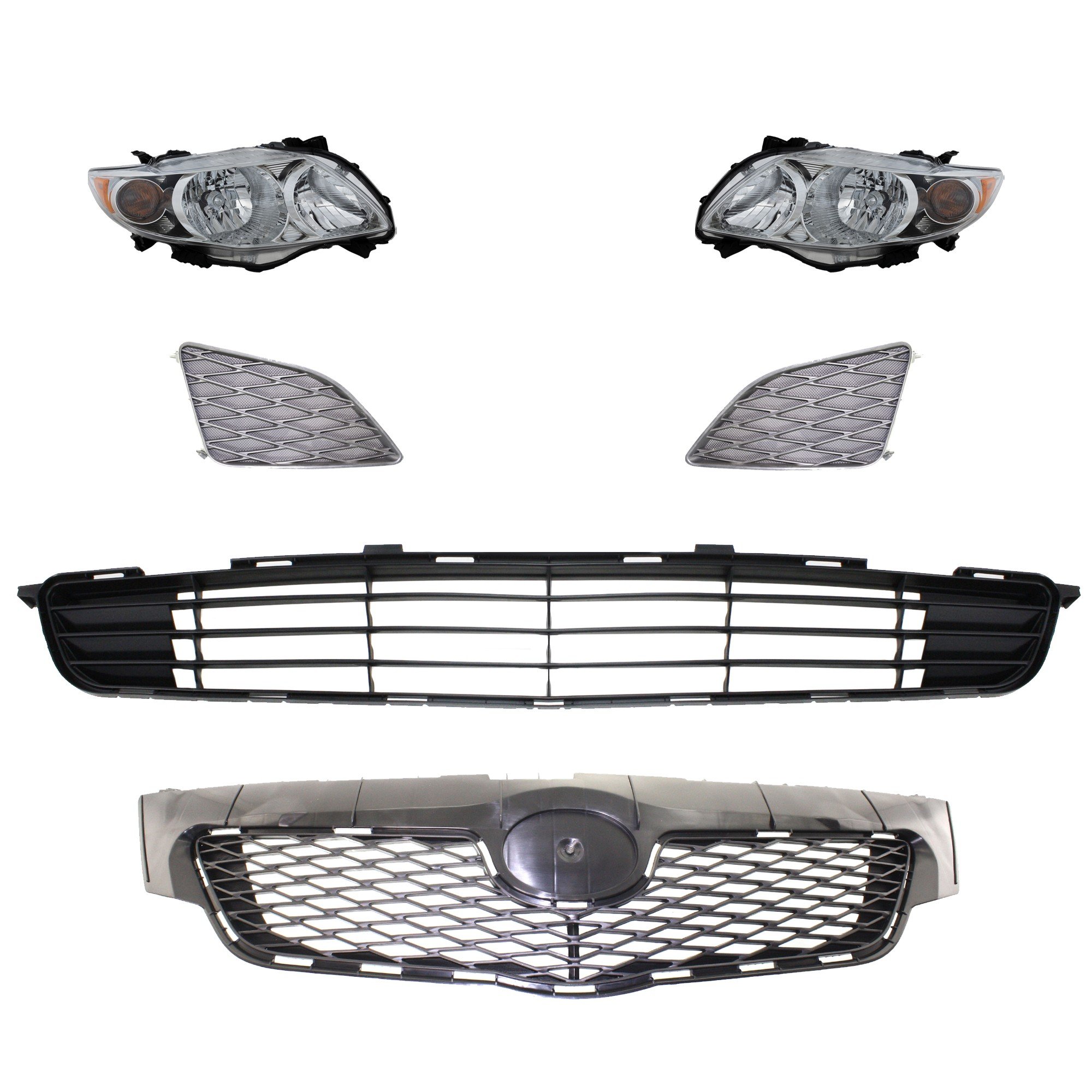 Headlight Assembly Kit for 2009-2010 Toyota Corolla Right (Passenger), Left (Driver), 6-Piece Set, Halogen, with Bumper Grille, Fog Light Cover, and Grille Assembly Replacement