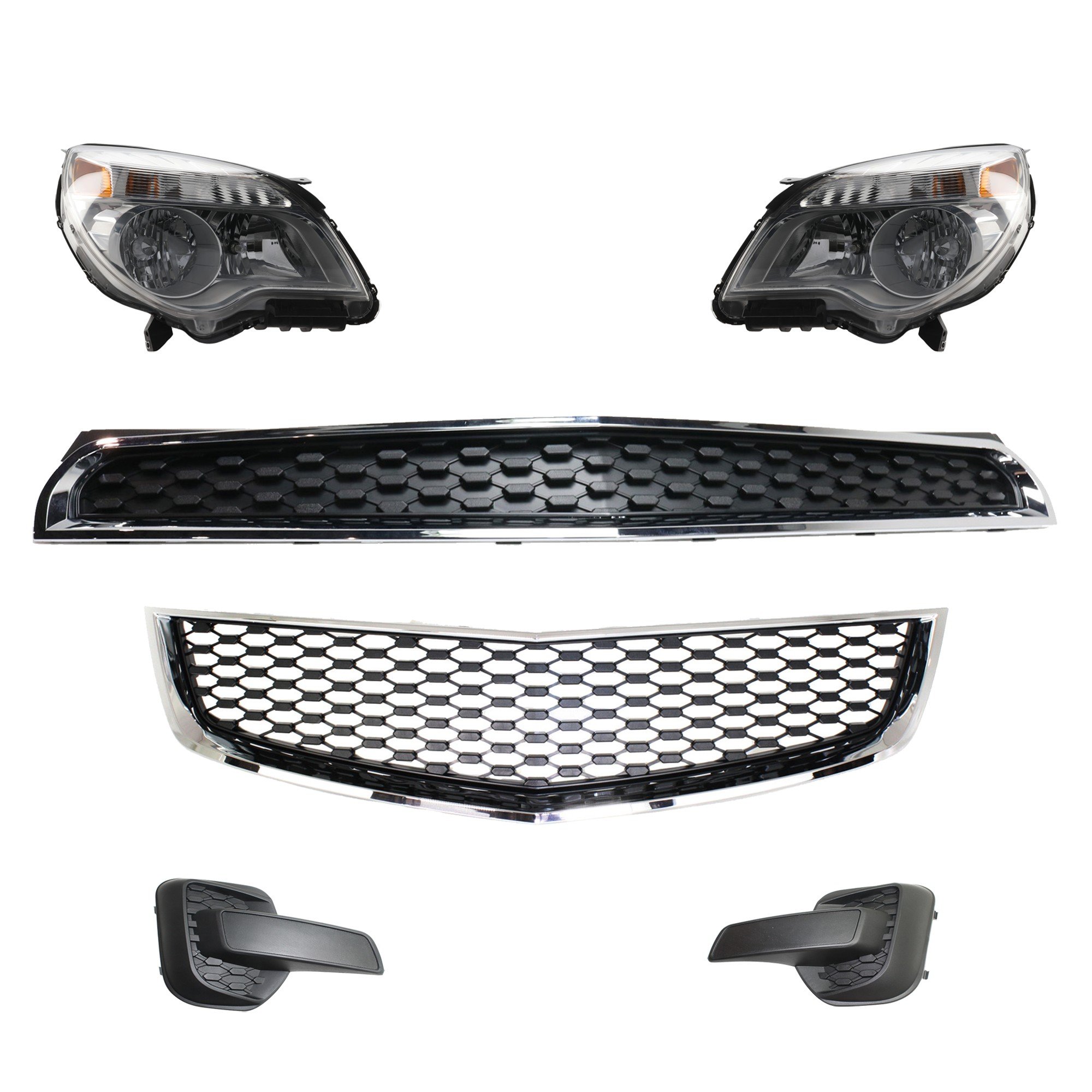 6-Piece Grille Kit for 2012-2015 Chevrolet Equinox, Textured Black with Bumper Grille, Fog Light Cover, and Replacement Headlight