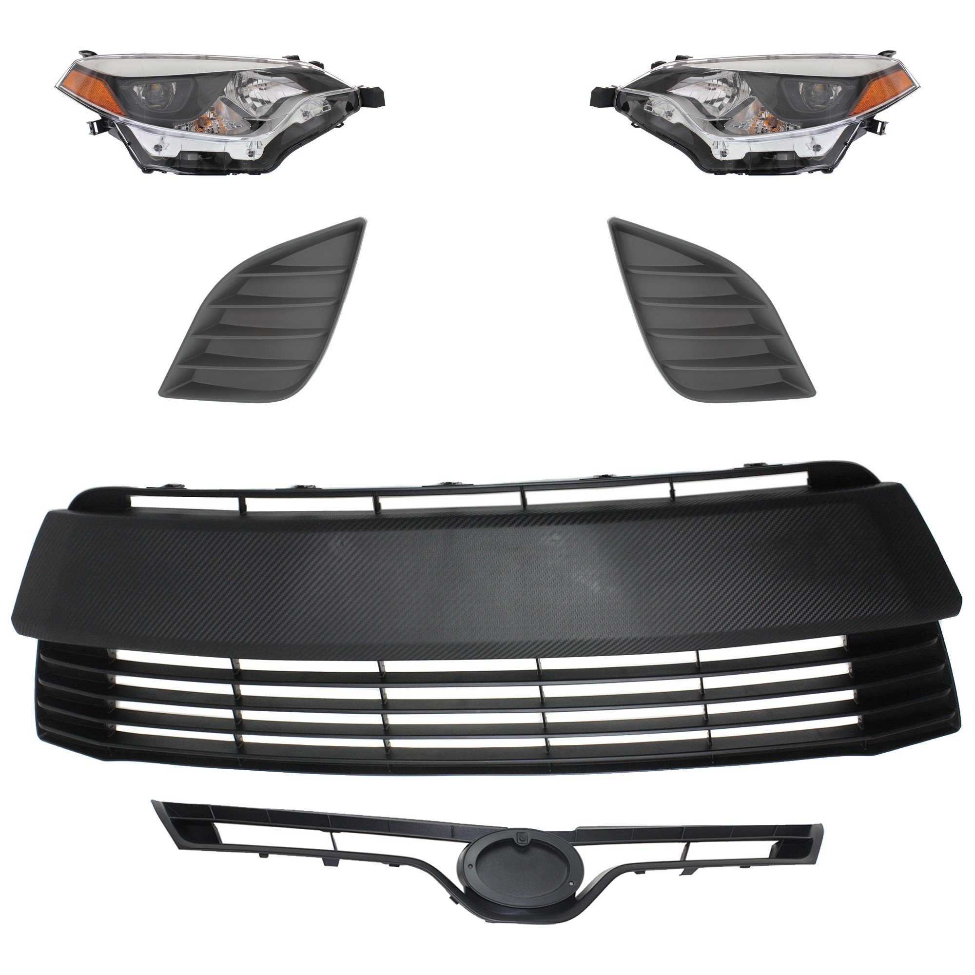 Headlight Assembly Kit for 2014-2016 Toyota Corolla, Right (Passenger) and Left (Driver), 6-Piece with LED, includes Bumper Grille, Fog Light Cover and Grille Assembly, Replacement