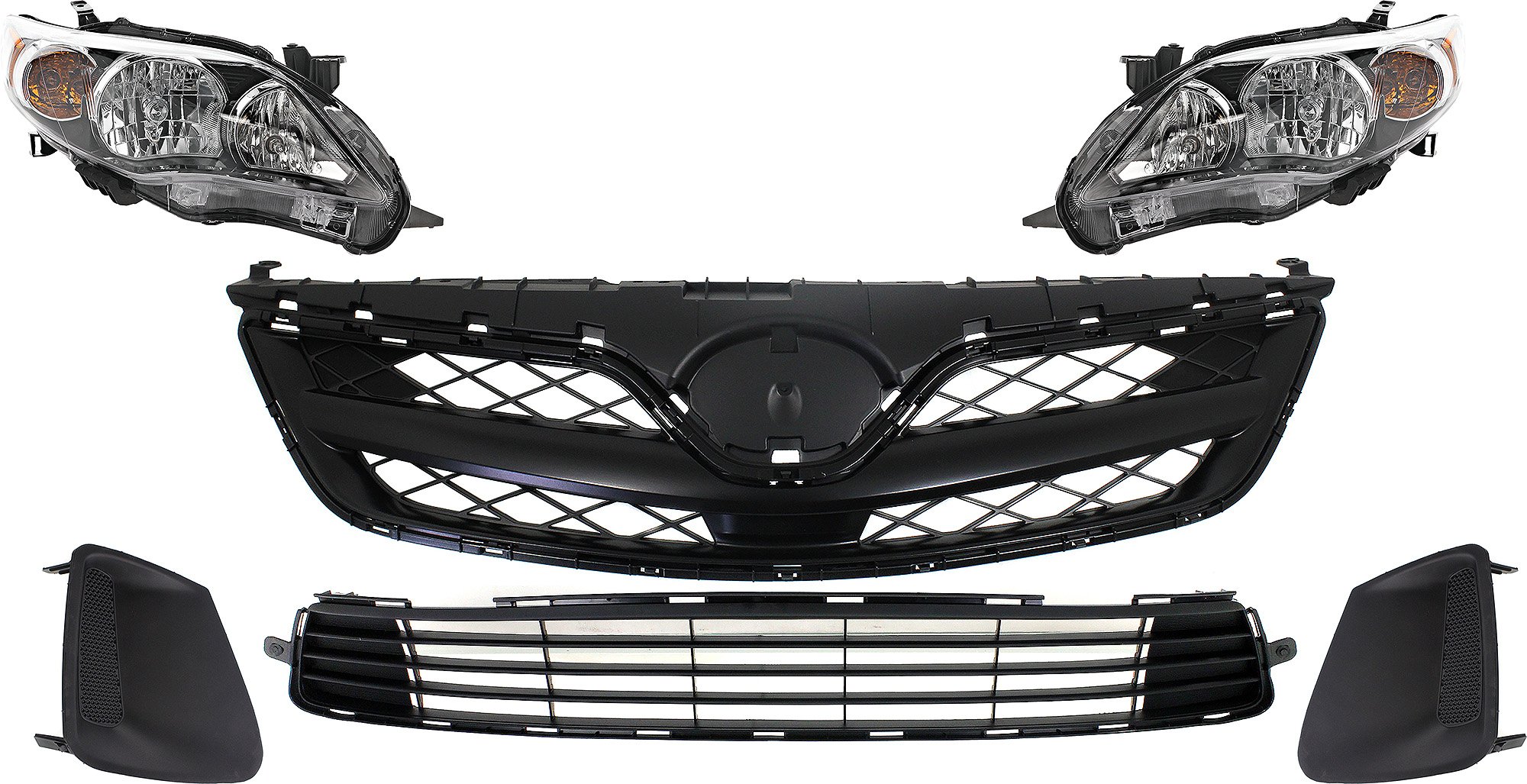 Headlight Assembly Kit for 2011-2013 Toyota Corolla, Right (Passenger) and Left (Driver), 6-Piece with Halogen, Bumper Grille, Fog Light Cover, Grille Assembly, Replacement