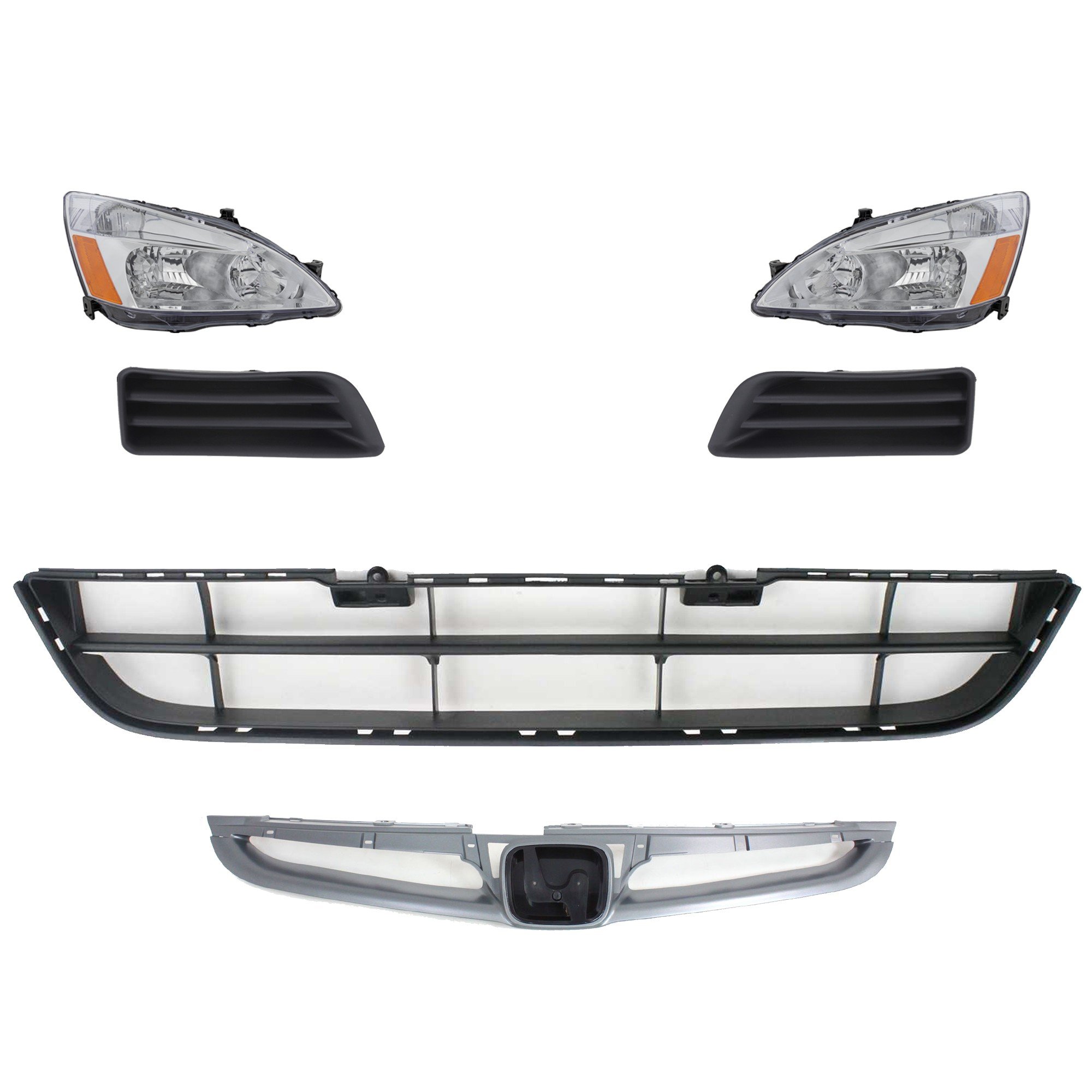 Headlight Assembly Kit for 2006-2007 Honda Accord, Right (Passenger) and Left (Driver), 6-Piece with Halogen, Bumper Grille, Fog Light Cover, and Grille Assembly Replacement