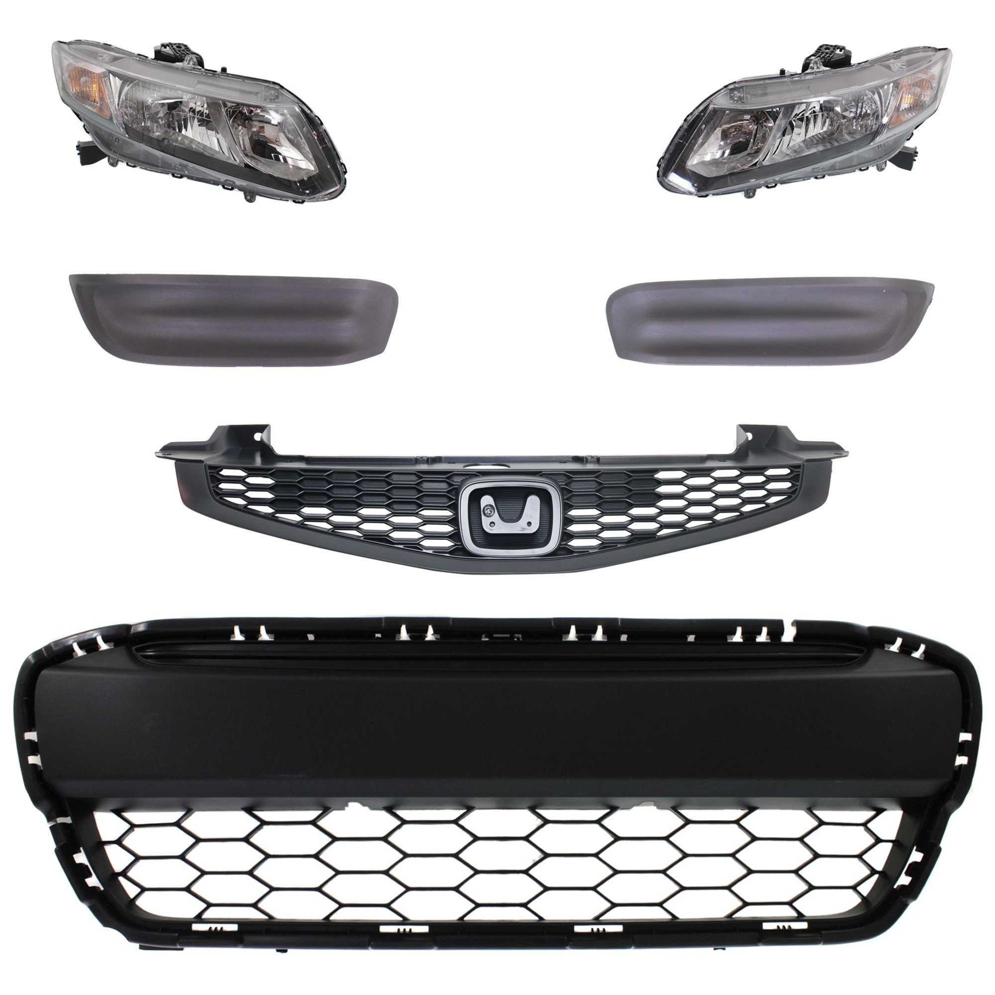 Headlight Assembly for 2013-2013 Honda Civic, Right (Passenger) and Left (Driver), 6-Piece Kit with Bumper Grille, Fog Light Cover, Grille Assembly, Halogen, Replacement