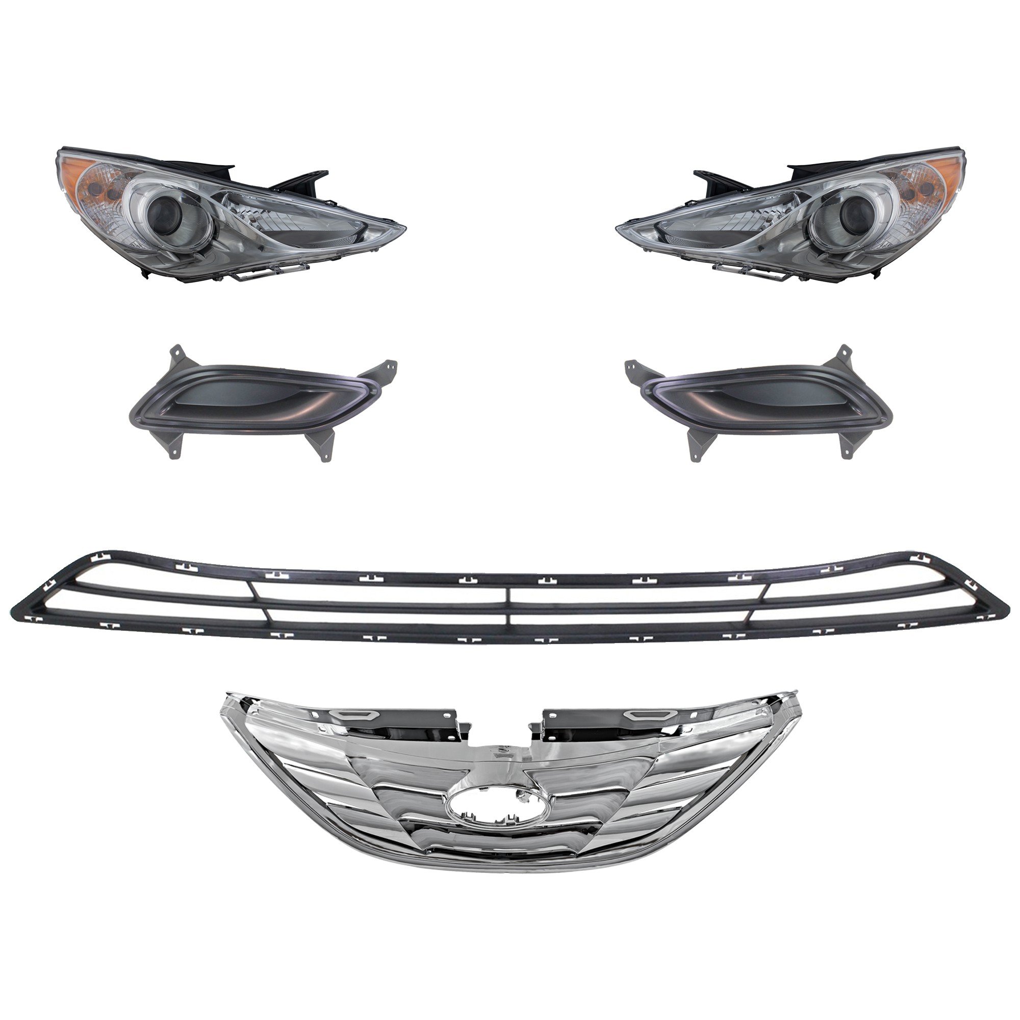 Headlight Assembly Kit for Hyundai Sonata 2011-2013 Right (Passenger) and Left (Driver), 6-Piece with Halogen, Bumper Grille, Fog Light Cover, and Grille Assembly Replacement