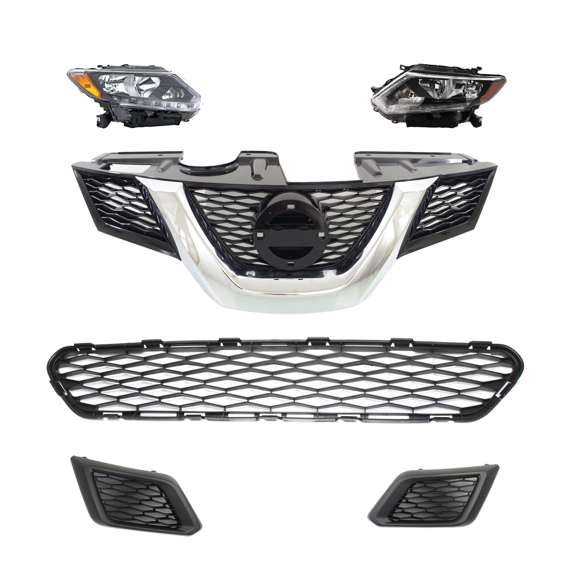 Headlight Assembly Kit for 2014-2015 Nissan Rogue, Halogen, Right (Passenger) and Left (Driver), 6-Piece kit with Bumper Grille, Fog Light Cover, and Grille Assembly Replacement