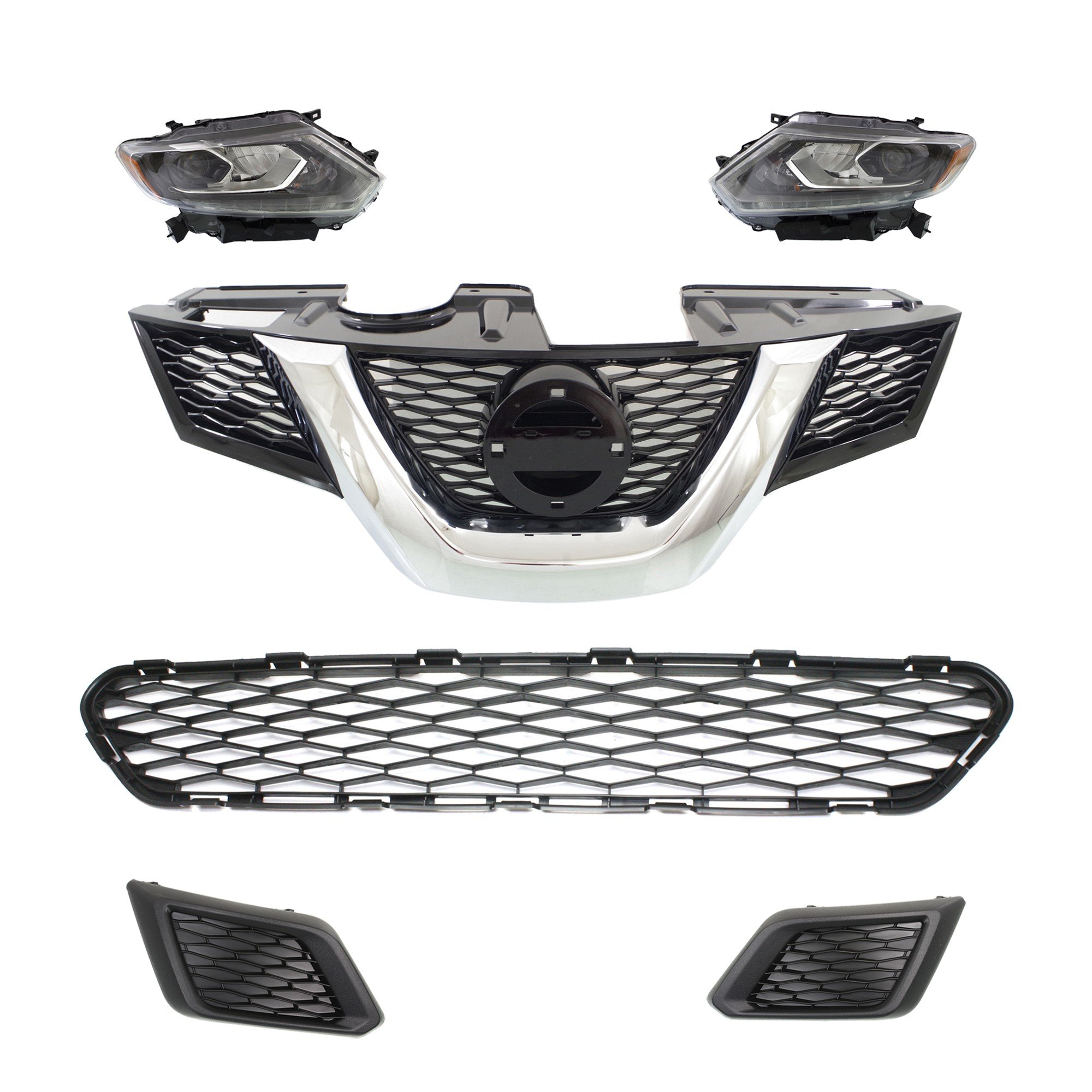 Headlight Assembly Kit for Nissan Rogue 2014-2015 Right (Passenger) and Left (Driver), 6-Piece with LED, Bumper Grille, Fog Light Cover, and Grille Assembly Replacement