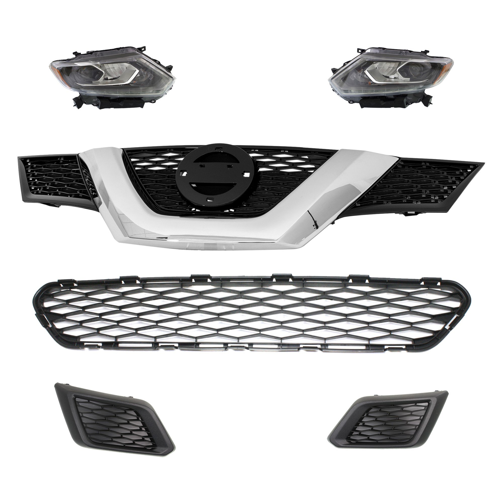 Headlight Assembly kit for 2015-2016 Nissan Rogue, Right (Passenger) and Left (Driver), 6-Piece set, LED, Includes Bumper Grille, Fog Light Cover and Grille Assembly, Replacement