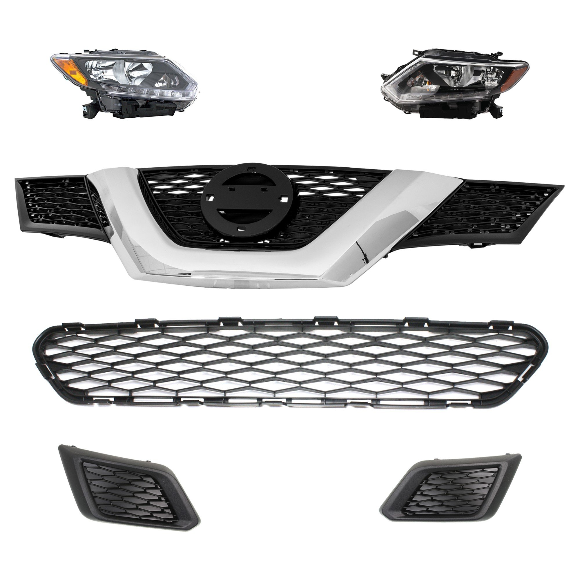 Headlight Assembly Kit for 2015-2016 Nissan Rogue, Right (Passenger) and Left (Driver), 6-Piece with Halogen, Bumper Grille, Fog Light Cover, Grille Assembly Replacement.