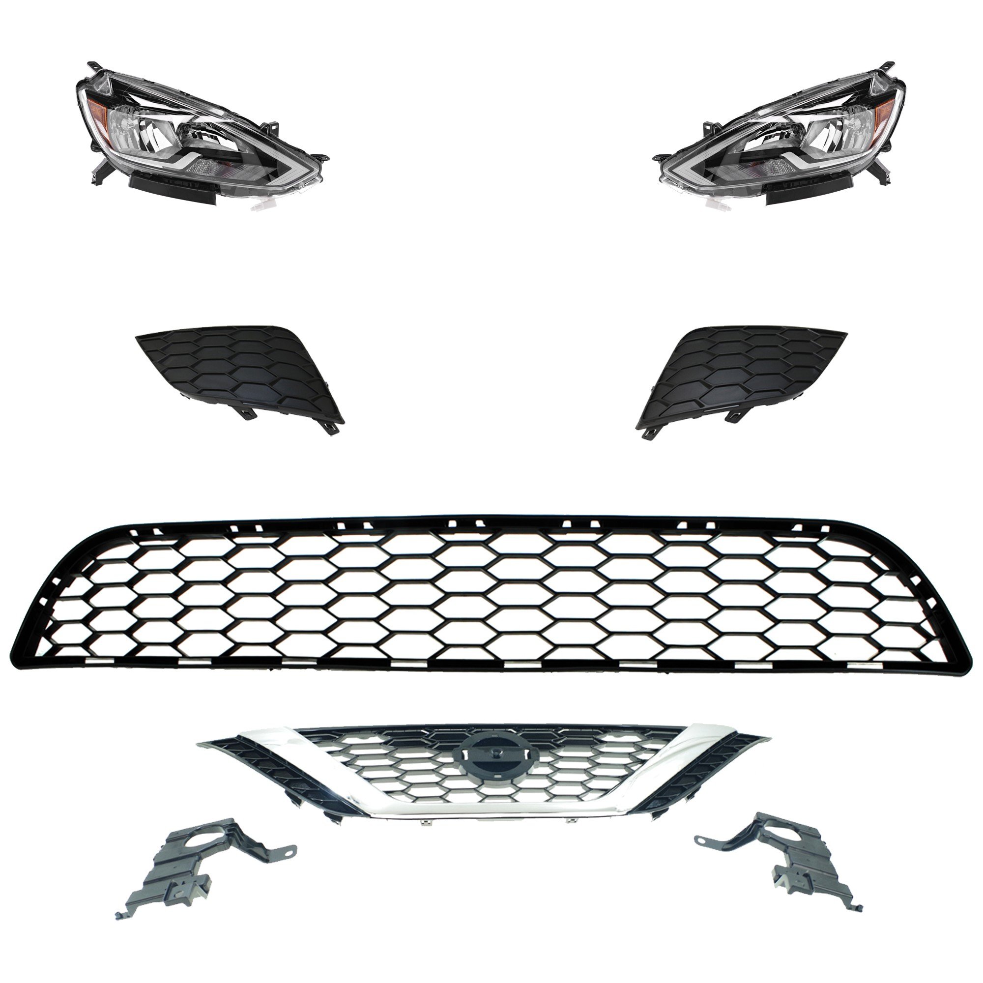 Headlight Assembly Kit for 2016-2019 Nissan Sentra, Right (Passenger) and Left (Driver), 6-Piece, Halogen, includes Bumper Grille, Fog Light Cover and Grille Assembly Replacement