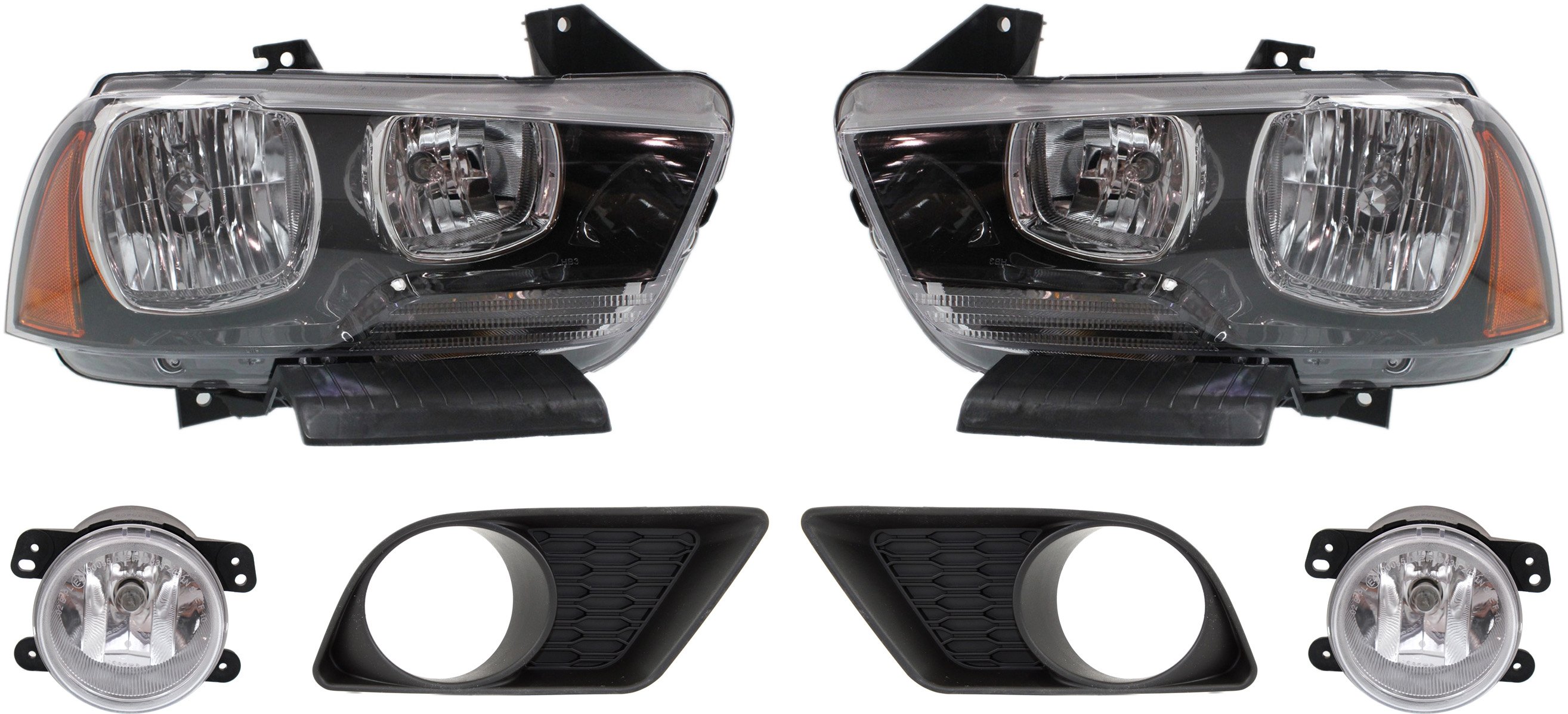 Headlight Assembly for Dodge Charger (2011-2014), Right (Passenger) and Left (Driver), Halogen, 6-Piece kit, Including Fog Light Trims and Fog Lights, Replacement