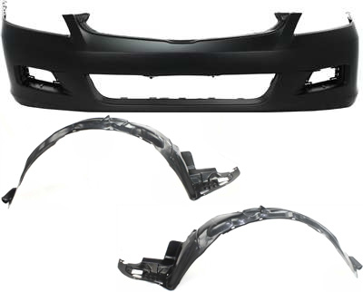 Front Bumper Cover for Honda Accord 2006-2007 Sedan, 3-Piece Kit with Fender Liners, Replacement