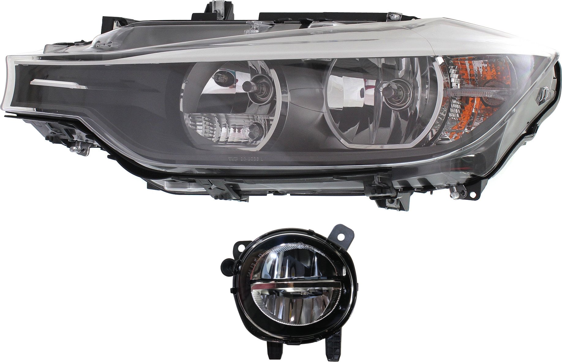 Headlight with Bulb and Fog Light for BMW 3 Series (2012-2015), Includes Left (Driver) Side, 2-Piece Kit, Without HID (Xenon) Headlights, Replacement - Fits models 320i, 328i, 335i.