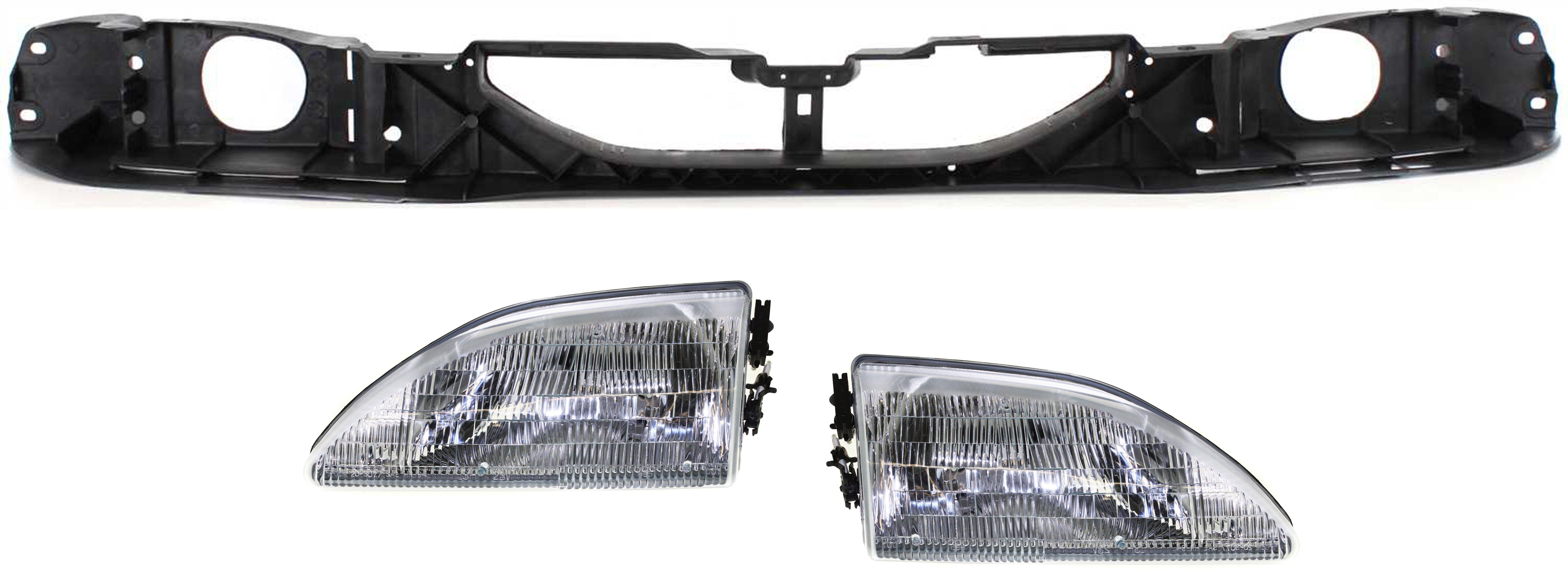 Headlight Assembly for Ford Mustang 1994-1998, Right (Passenger) and Left (Driver), Halogen, 3-Piece Kit with Header Panel, Replacement