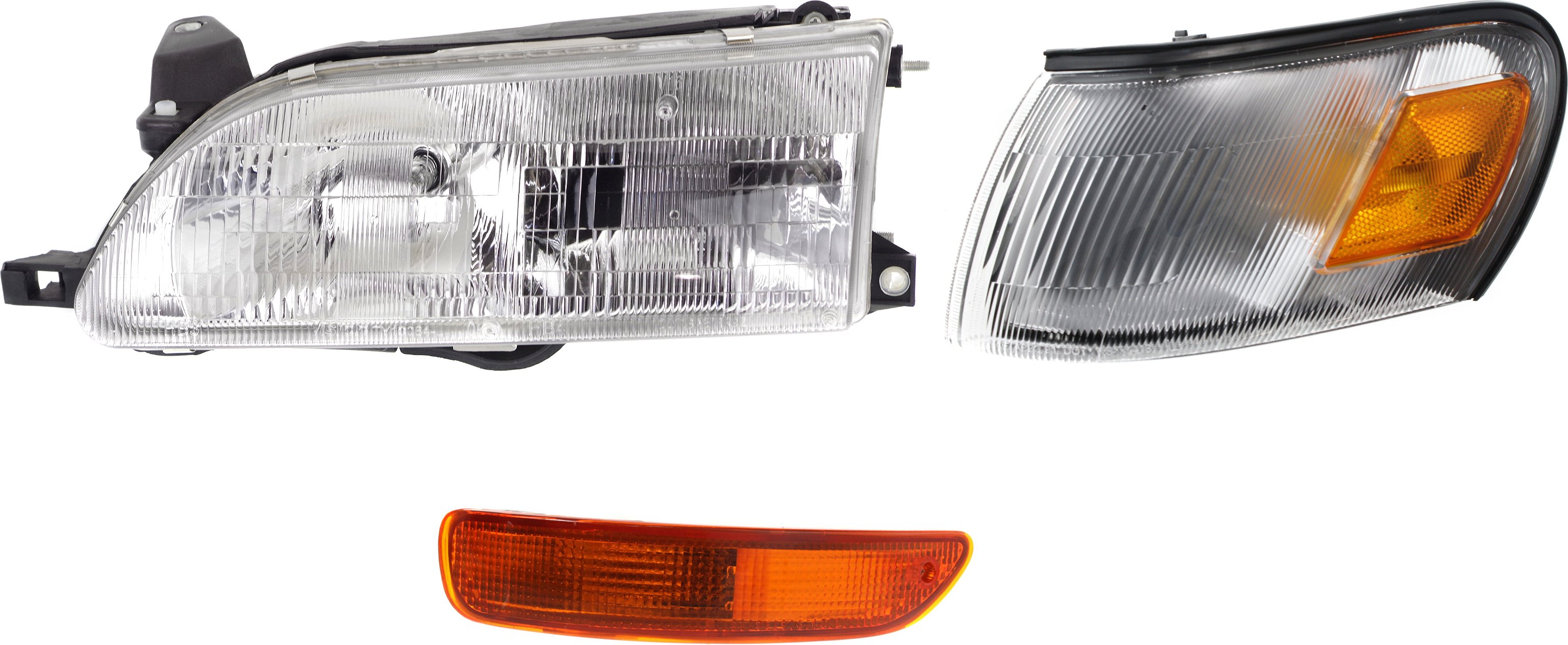 Headlight Assembly Kit for Toyota Corolla 1993-1997, Left (Driver) Side, Halogen, 3-Piece with Corner Light and Turn Signal Light, Replacement