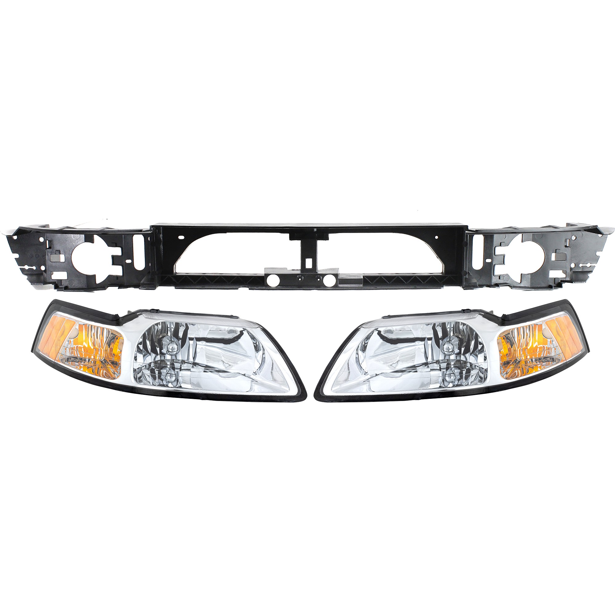 Headlight Assembly Kit for Ford Mustang 1999-2000, Includes Right (Passenger), Left (Driver) Halogen Headlights and Header Panel, 3-Piece Replacement