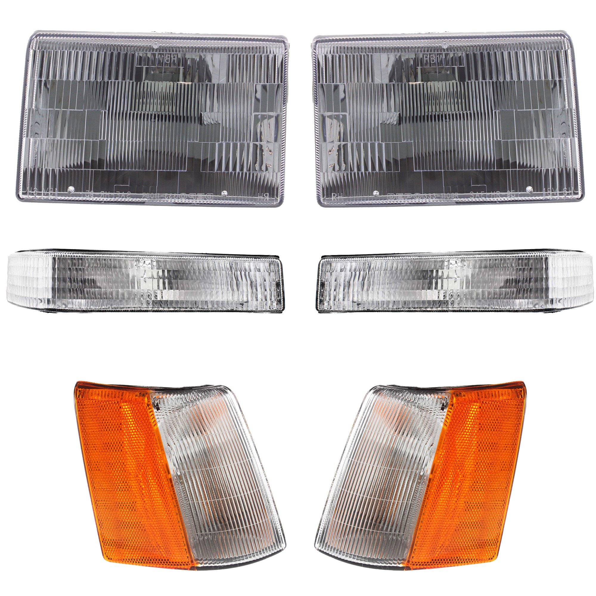 Headlight Assembly Set for Jeep Grand Cherokee (1997-1998), Right (Passenger) and Left (Driver), Halogen, 6-Piece Kit with Corner Lights and Turn Signal Lights, Replacement