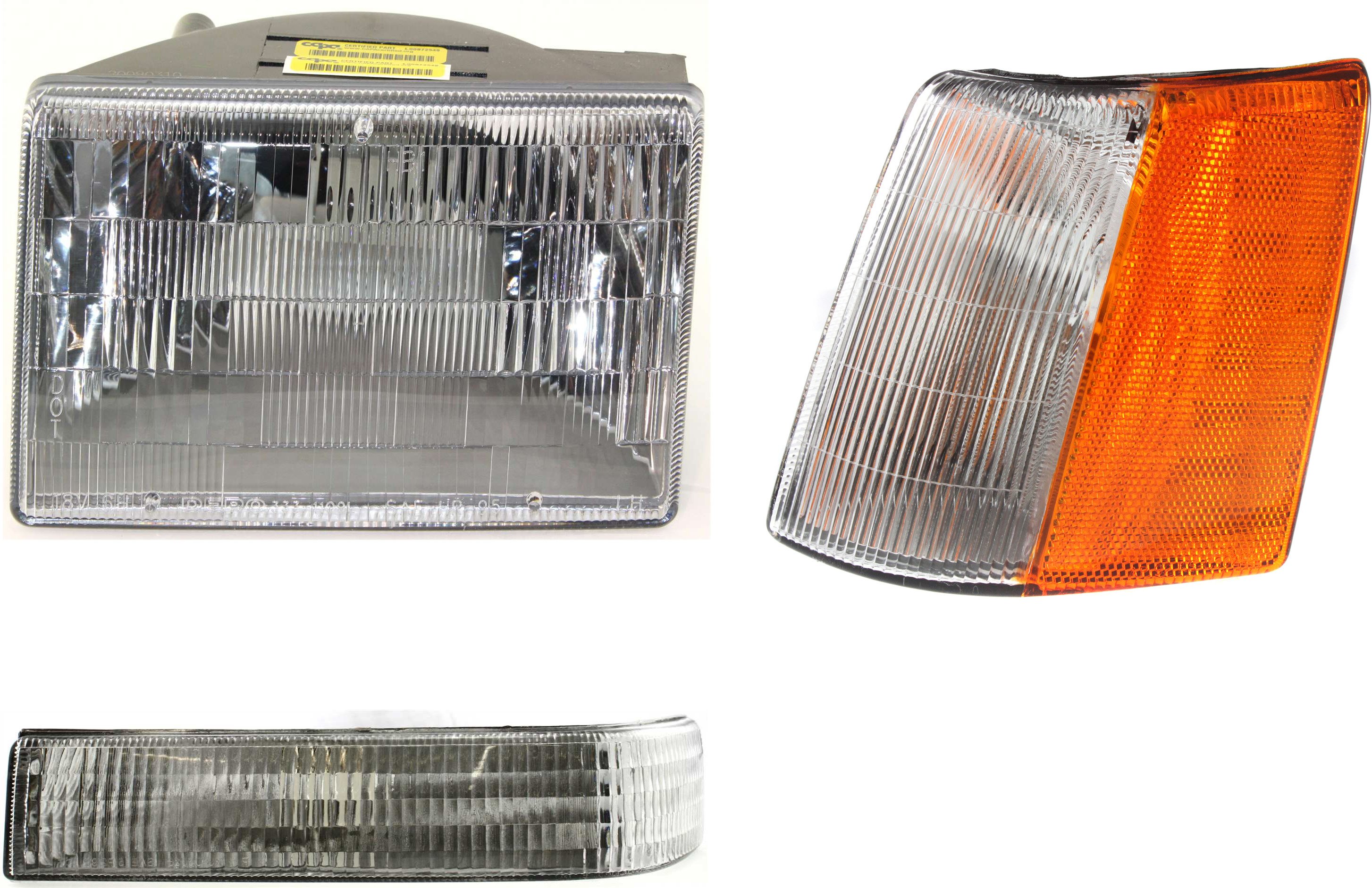 Headlight Assembly for Jeep Grand Cherokee 1993-1996, Left (Driver) with Halogen, 3-Piece kit: includes Corner Light and Turn Signal Light, Replacement