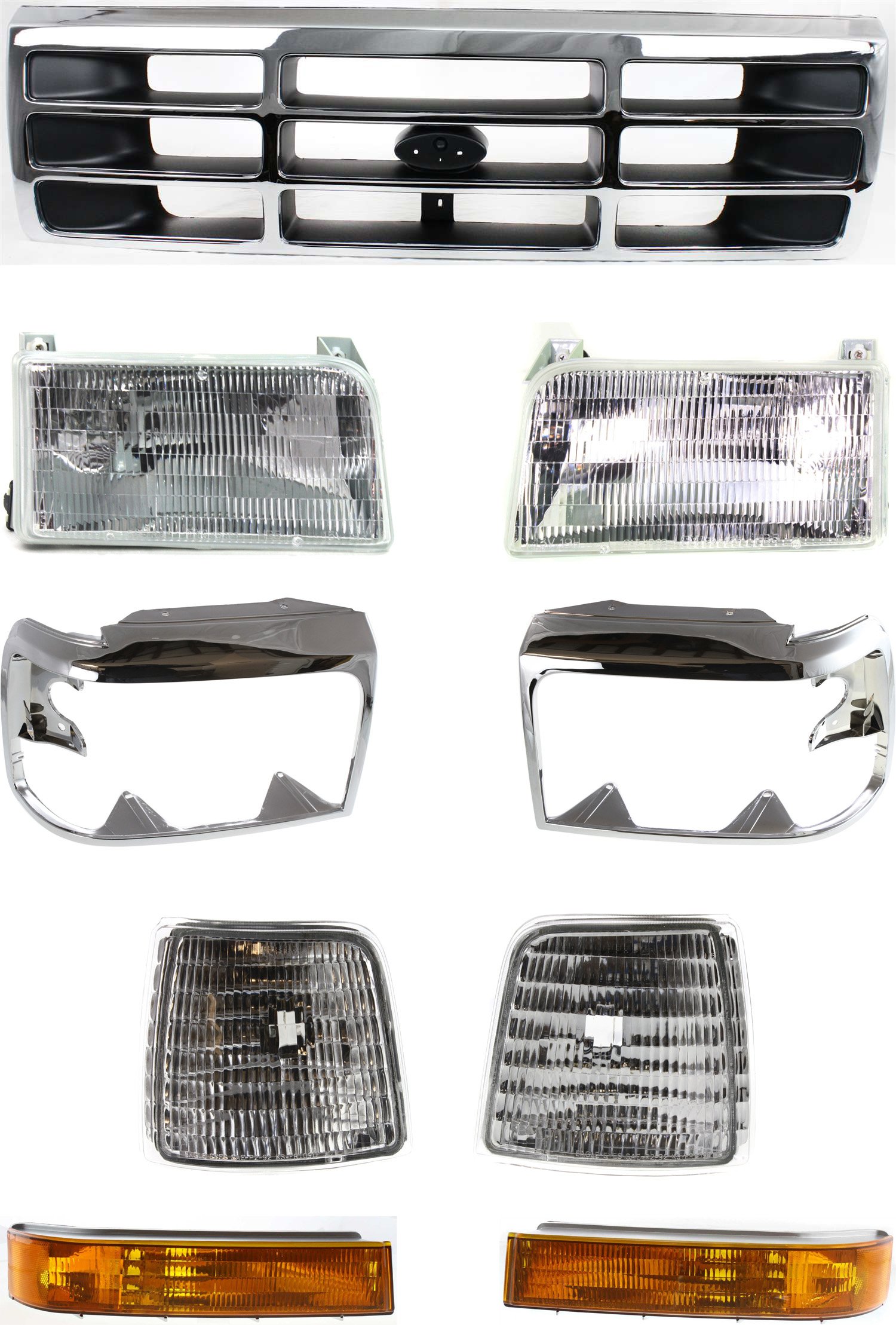 9-Piece Grille Kit for Ford F-Series/F-Super Duty 1992-1997, Includes Corner Lights, Headlight Doors, Headlights, and Turn Signal Lights, Replacement