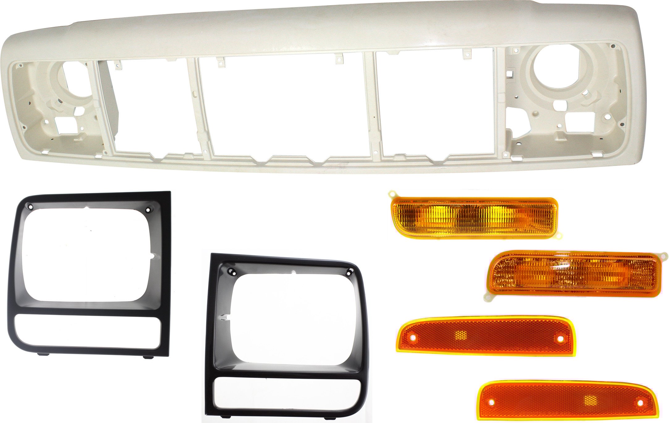 7-Piece Header Panel Kit for 1997-2001 Jeep Cherokee with Headlight Doors, Side Markers and Turn Signal Lights, Replacement