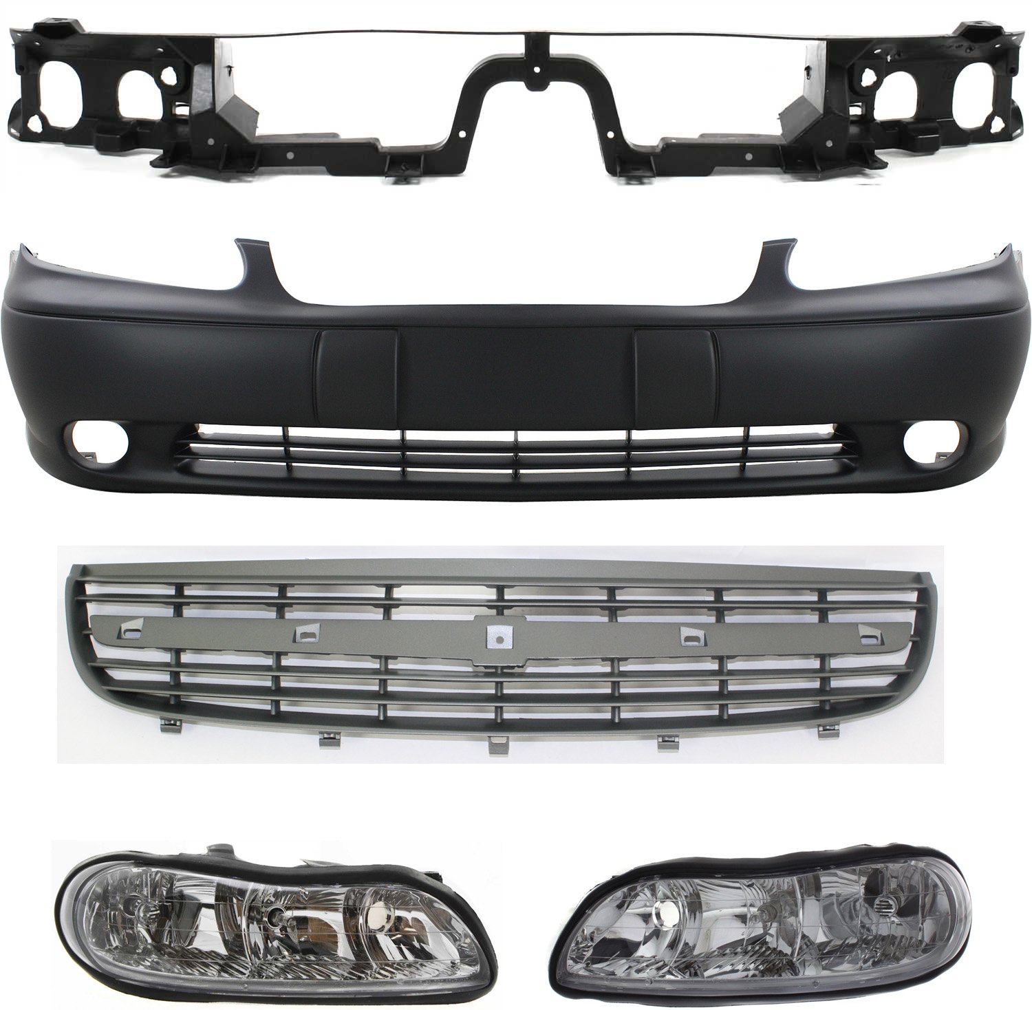 Front Bumper Cover Kit for 2000-2003 Chevrolet Malibu/2004-2005 Classic, 5-Piece Set with Grille Assembly, Header Panel and Headlights, Replacement