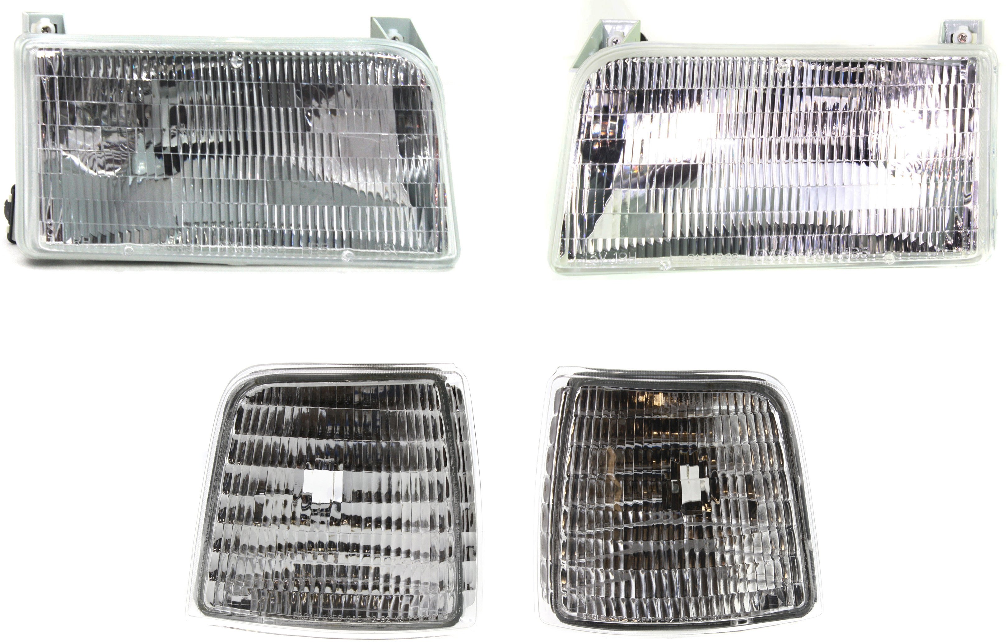 Headlight Assembly Kit for Ford F-Series 1992-1997, Right (Passenger) and Left (Driver), Halogen, 4-Piece Kit with Corner Lights, Replacement - fits F-150, F-250, F-350.