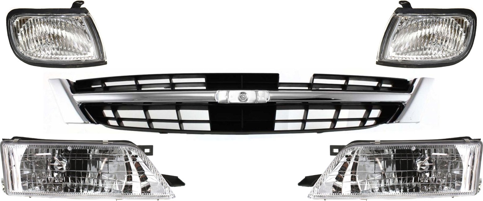 Headlight Assembly Kit for 1997-1999 Nissan Maxima, Right (Passenger) and Left (Driver), Halogen, 5-Piece Set, Includes Corner Lights and Grille Assembly Replacement
