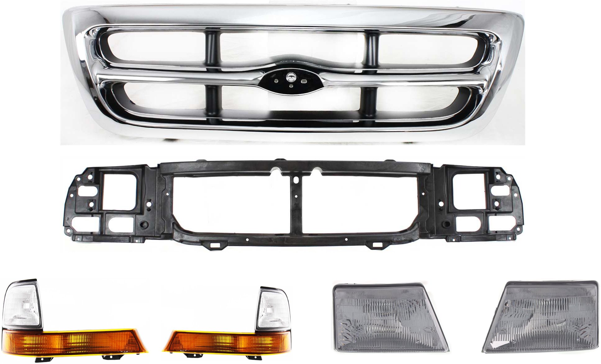 6-Piece Grille Kit for 1998-2000 Ford Ranger with Corner Lights, Header Panel, and Headlights Replacement