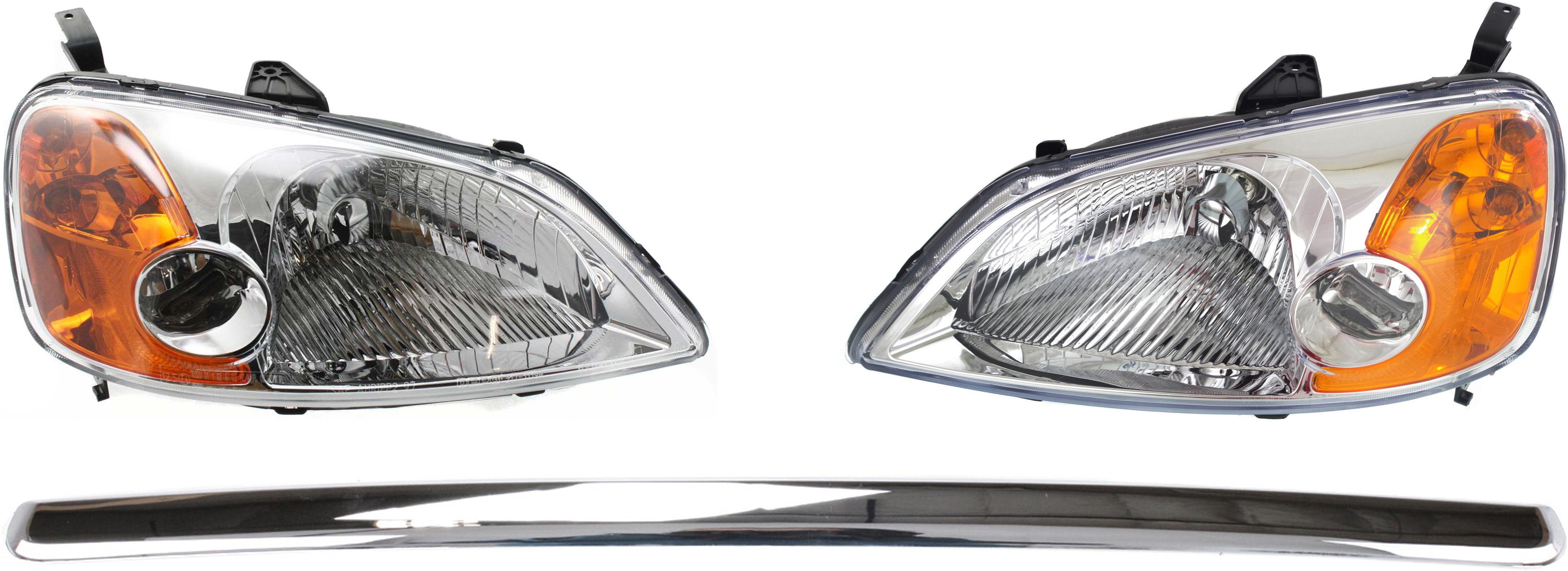 Headlight Assembly Kit for Honda Civic 2001-2003, Right (Passenger) and Left (Driver) Halogen Light, 3-Piece with Hood Molding, Replacement