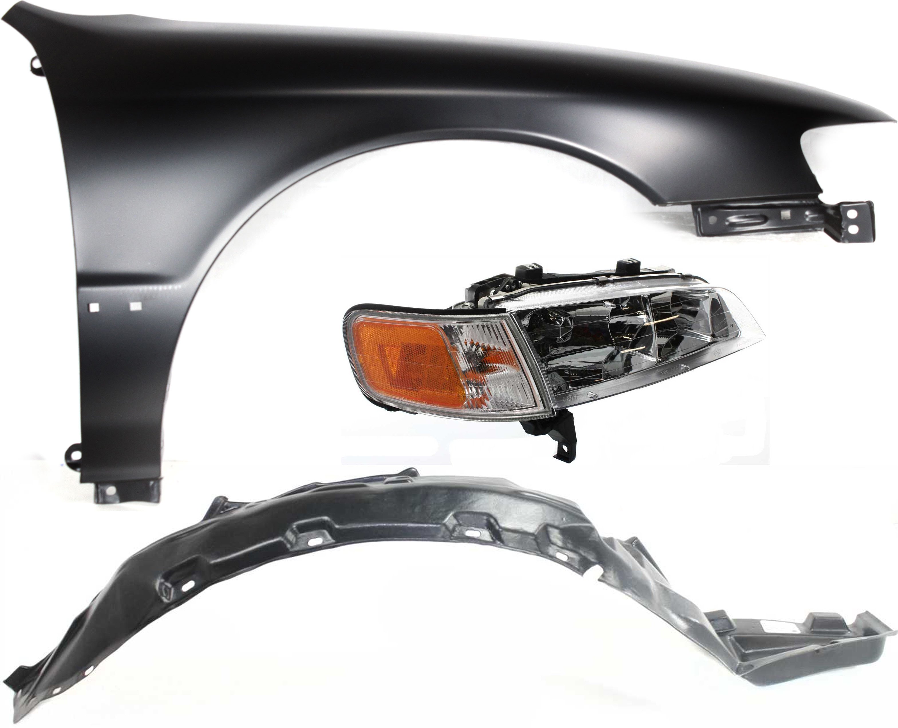 Headlight Assembly Kit for 1994-1997 Honda Accord, Right (Passenger) Side, Halogen, 3-Piece with Fender and Fender Liner, Replacement