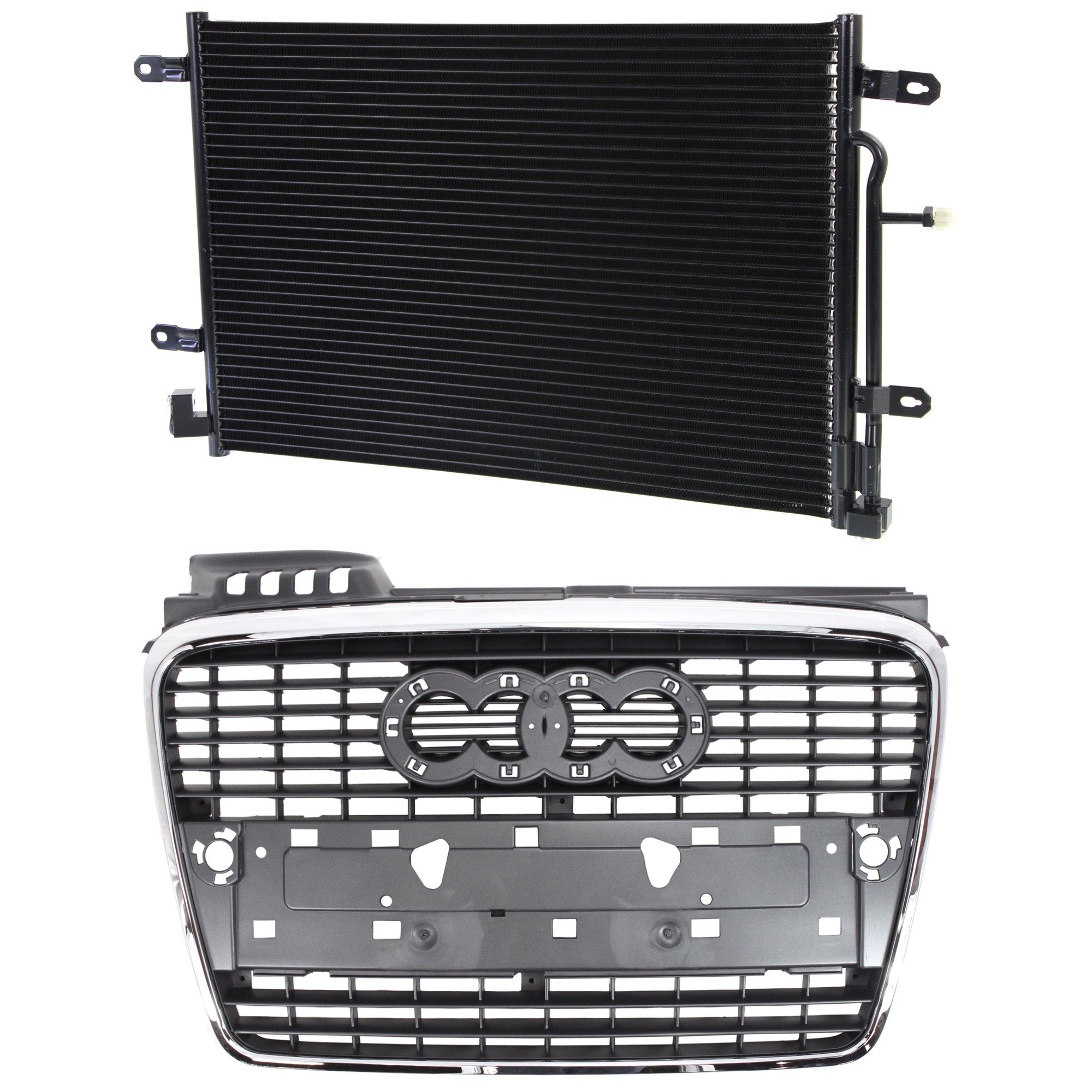 Grille for Audi A4/A4 Quattro 2005-2009 & S4 2006-2007, 2-Piece Kit, Gray with Chrome Molding, Includes A/C Condenser, Replacement