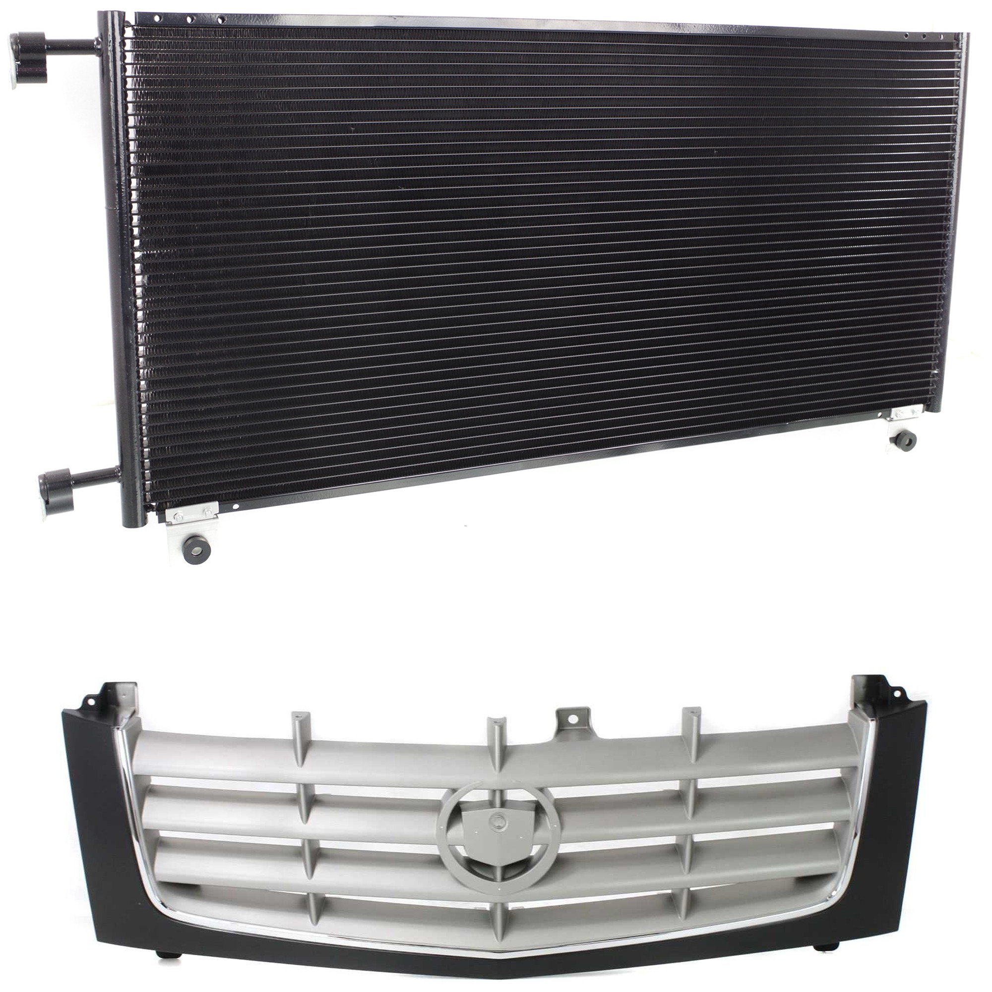 Grille Kit for 2002-2006 Cadillac Escalade/2003-2006 Escalade ESV, 2-Piece Paintable Shell and Cross Bar Insert, Chrome Insert Opening Molding, Plastic, with Air Conditioning Condenser Replacement