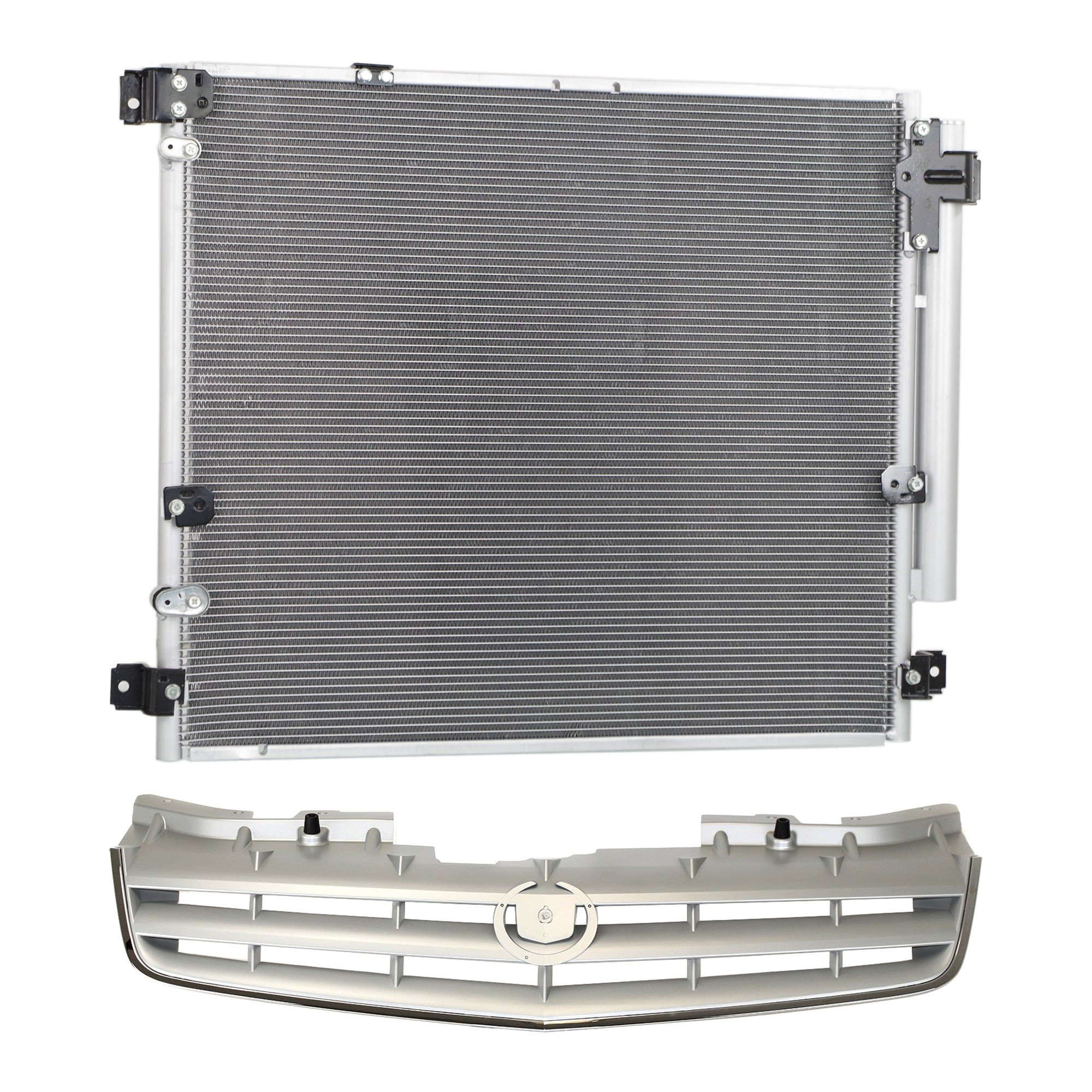 2-Piece Grille Kit for 2005-2007 Cadillac STS with Painted Gray Shell and Insert, accompanied by Air Conditioning Condenser, Replacement