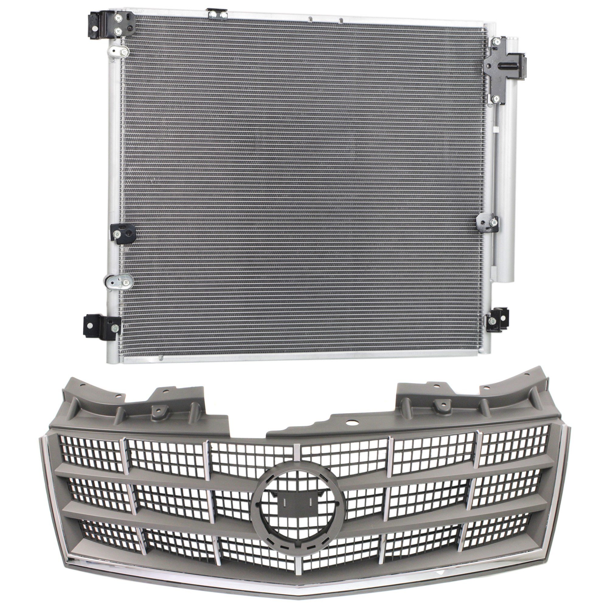2-Piece Kit Grille for Cadillac STS 2008-2009, Gray Shell and Insert with Air Conditioning Condenser Replacement