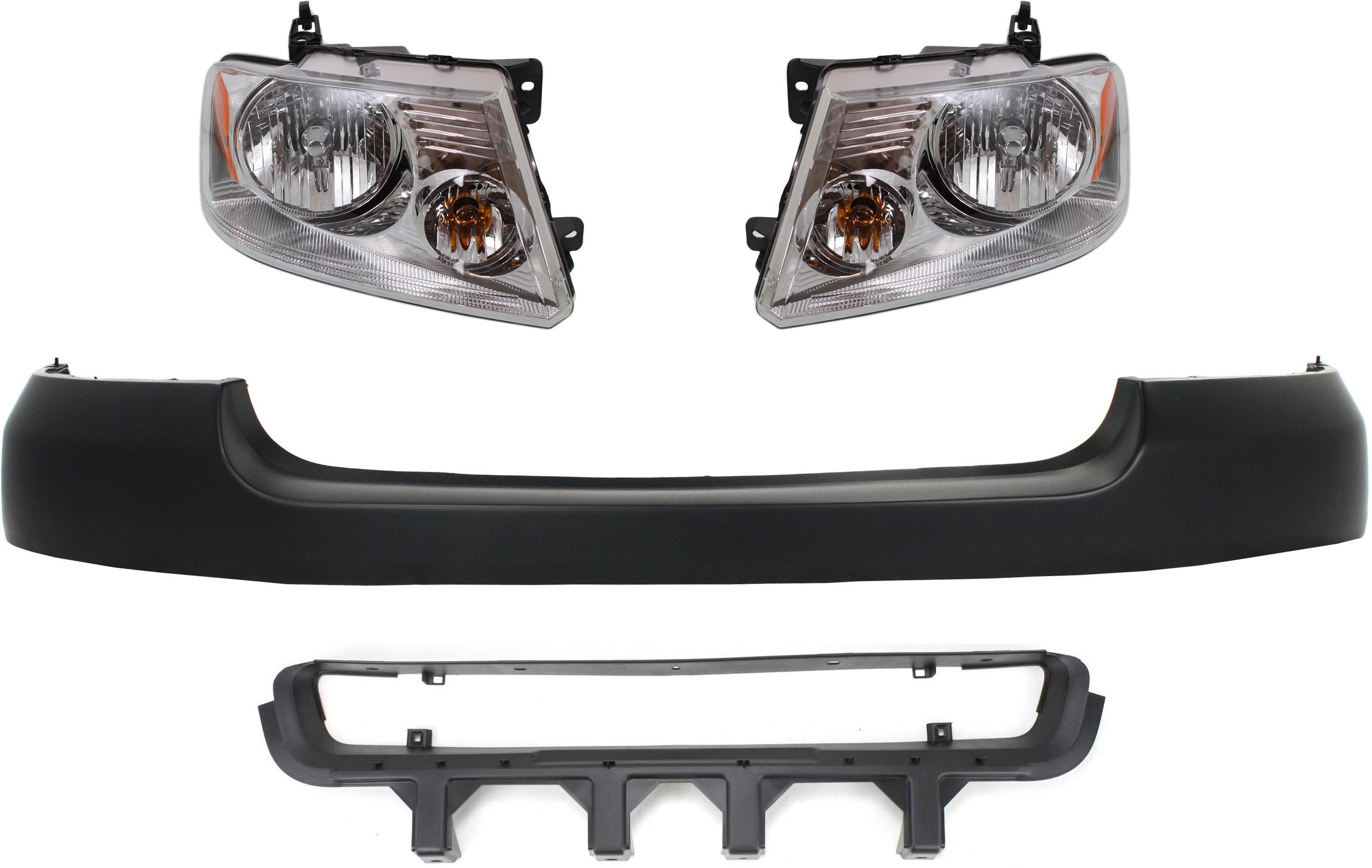 Headlight Assembly Kit for Ford F-150 2004-2006 / Mark LT 2006-2006, Right (Passenger) and Left (Driver), 4-Piece, Halogen, with Bumper Cover and Bumper Grille, Replacement.