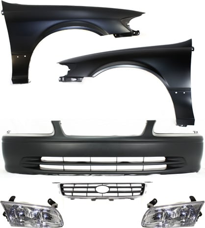 Front Bumper Cover Kit for 2000-2001 Toyota Camry, 6-Piece Set with Grille, Fenders and Headlights Replacement