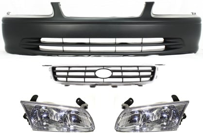 Front Bumper Cover Kit for 2000-2001 Toyota Camry, 4-Piece Set with Grille and Headlights Replacement