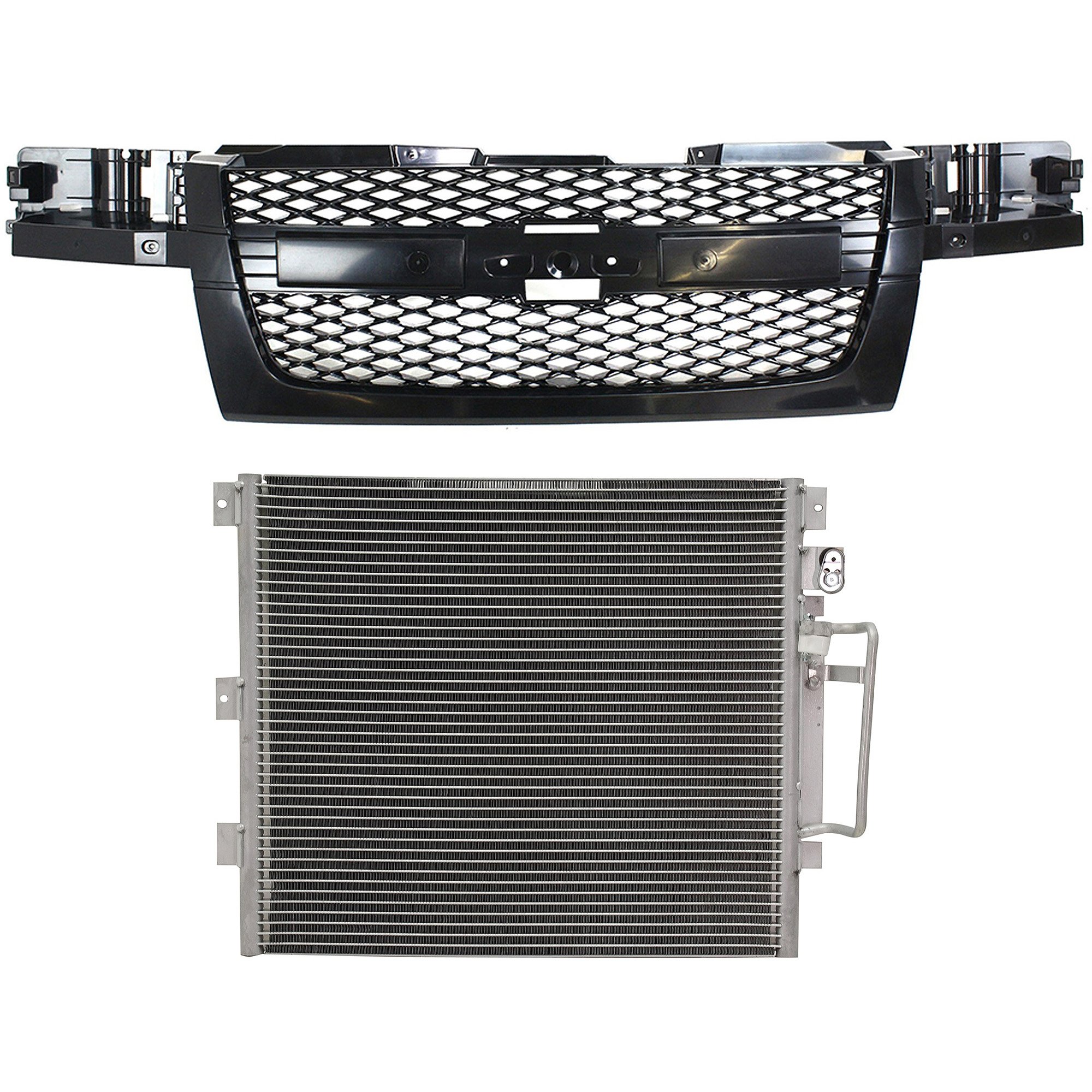 Grille Kit for CHEVROLET COLORADO 2004-2012, 2-Piece Design, Mesh Insert, Textured Dark Gray Shell and Insert, without Center Bar, with Air Conditioning Condenser, Replacement
