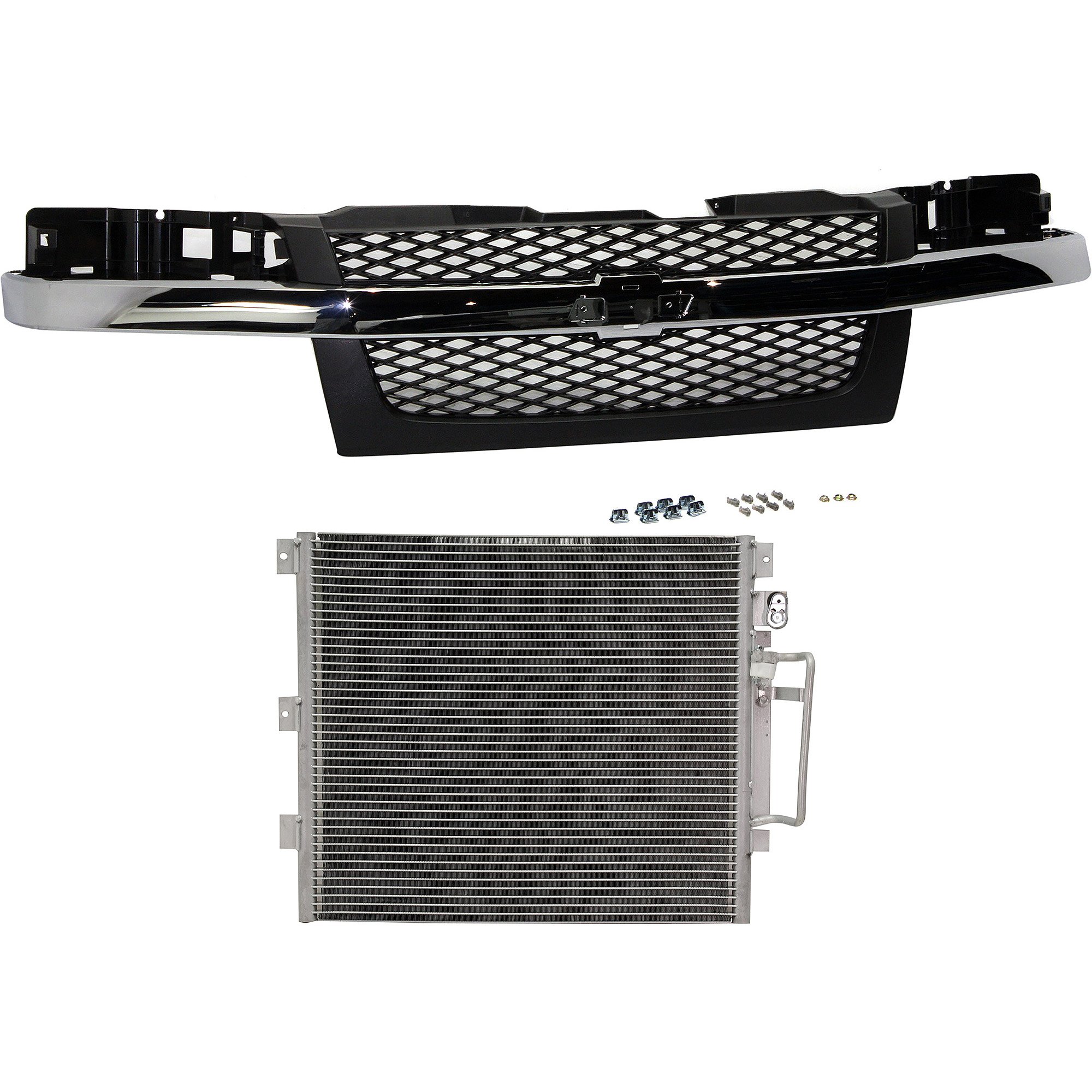 Grille Kit for CHEVROLET COLORADO 2004-2012, 2-Piece Design, Mesh Insert and Textured Dark Gray Shell with Chrome Center Bar, with Air Conditioning Condenser Replacement