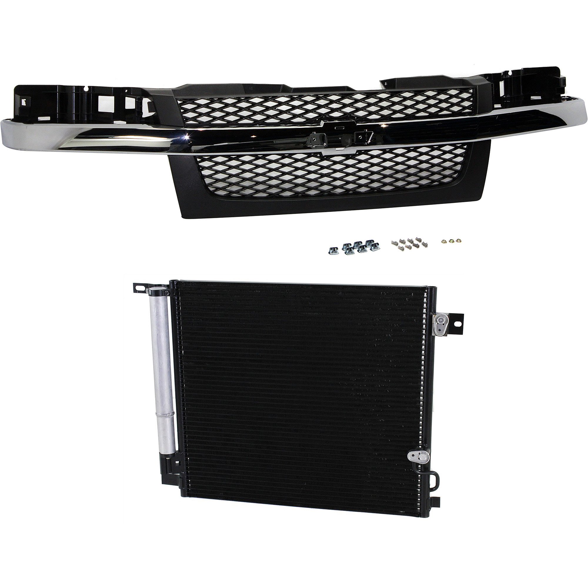 Grille 2-Piece Kit for 2009-2012 Chevrolet Colorado, with Mesh Insert, Textured Dark Gray Shell and Insert, Chrome Center Bar, A/C Condenser, Replacement