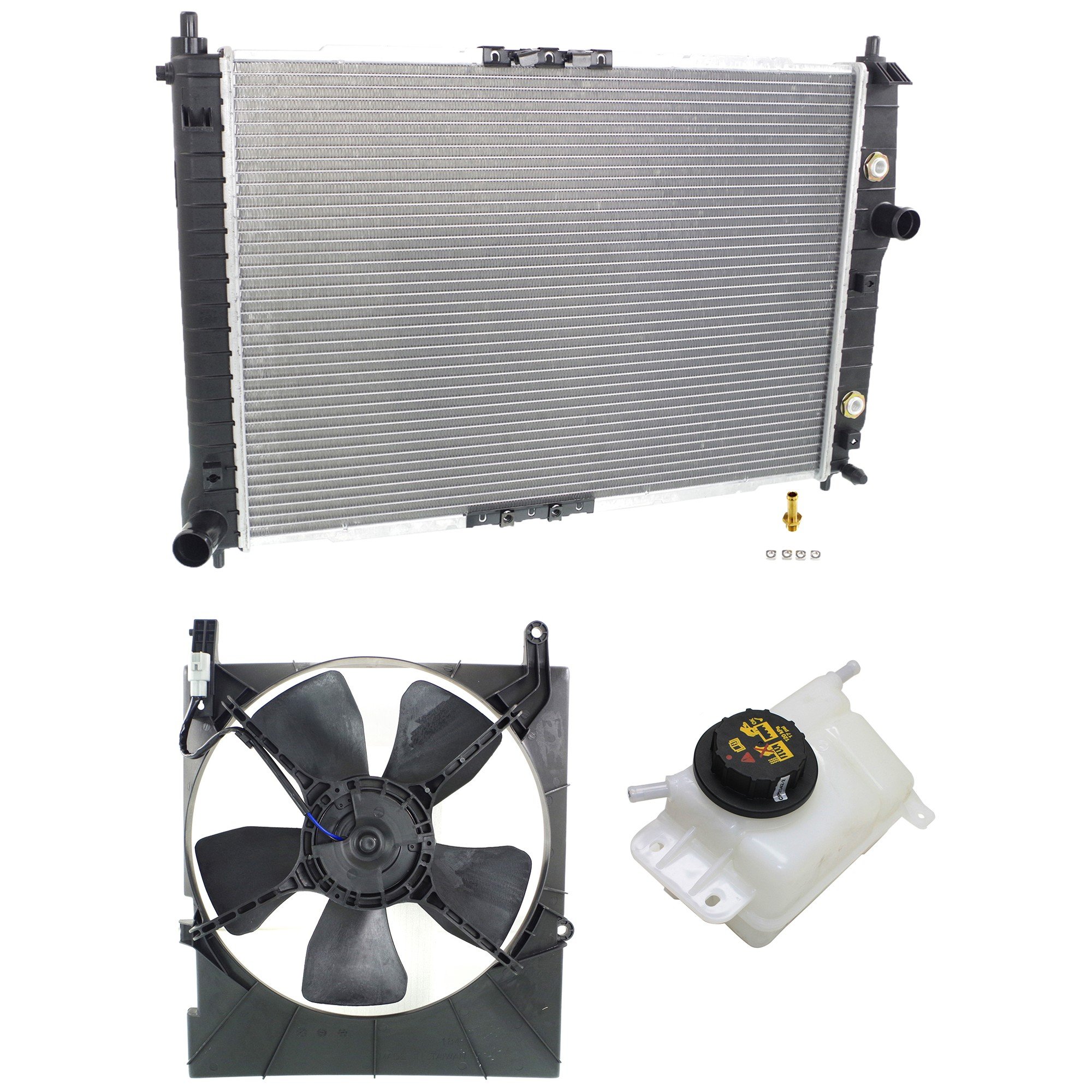 Radiator and Fan Kit for Chevrolet Aveo 2005-2008 / Aveo5 2006-2008, 3-Piece Kit, 4 Cylinder, 1.6L, including Coolant Tank, Replacement