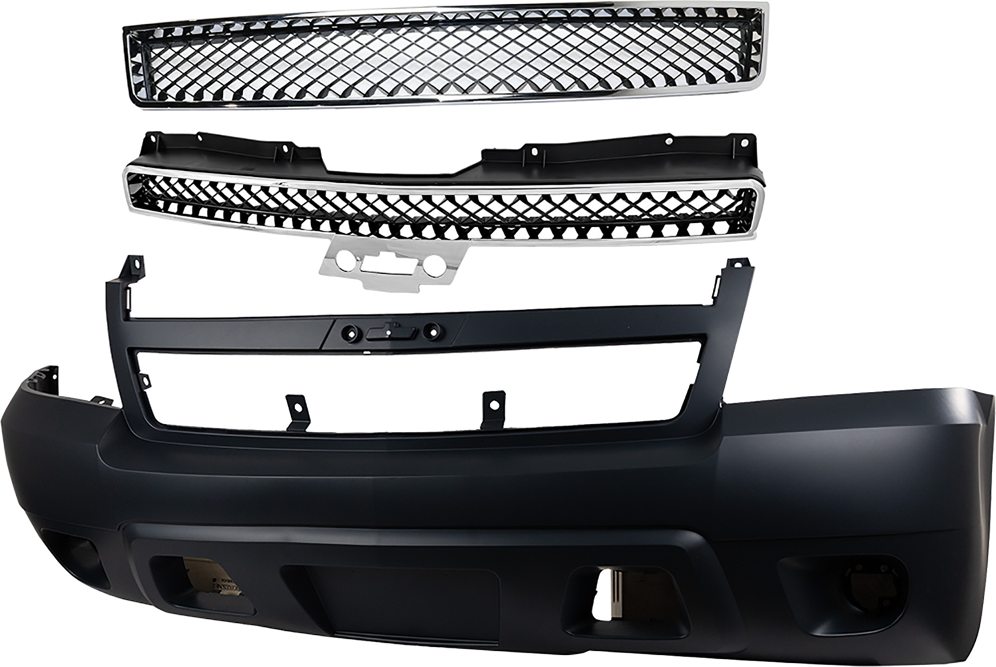 Front Bumper Cover for Chevrolet Suburban 1500 / Tahoe, 2007-2014, 3-Piece kit with Bumper Grille and Grille, Replacement