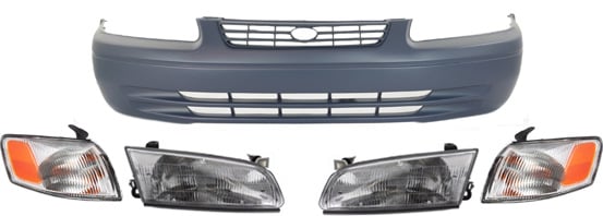 Front Bumper Cover for Toyota Camry 1997-1999, Primed (Ready to Paint), 5-Piece Kit with Corner Lights and Headlights, Replacement